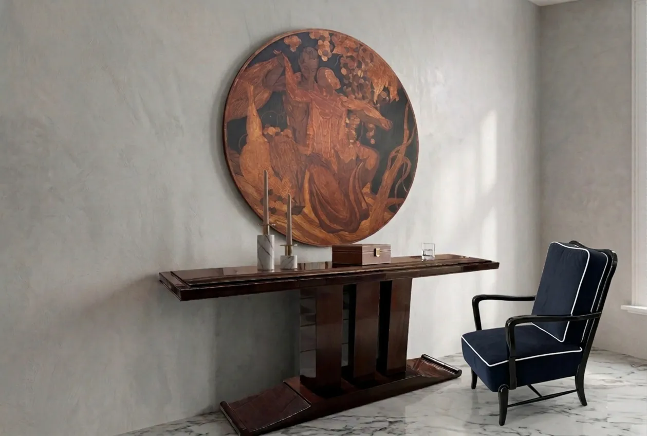 Duas poltronas antigas em uma sala com um grande quadro