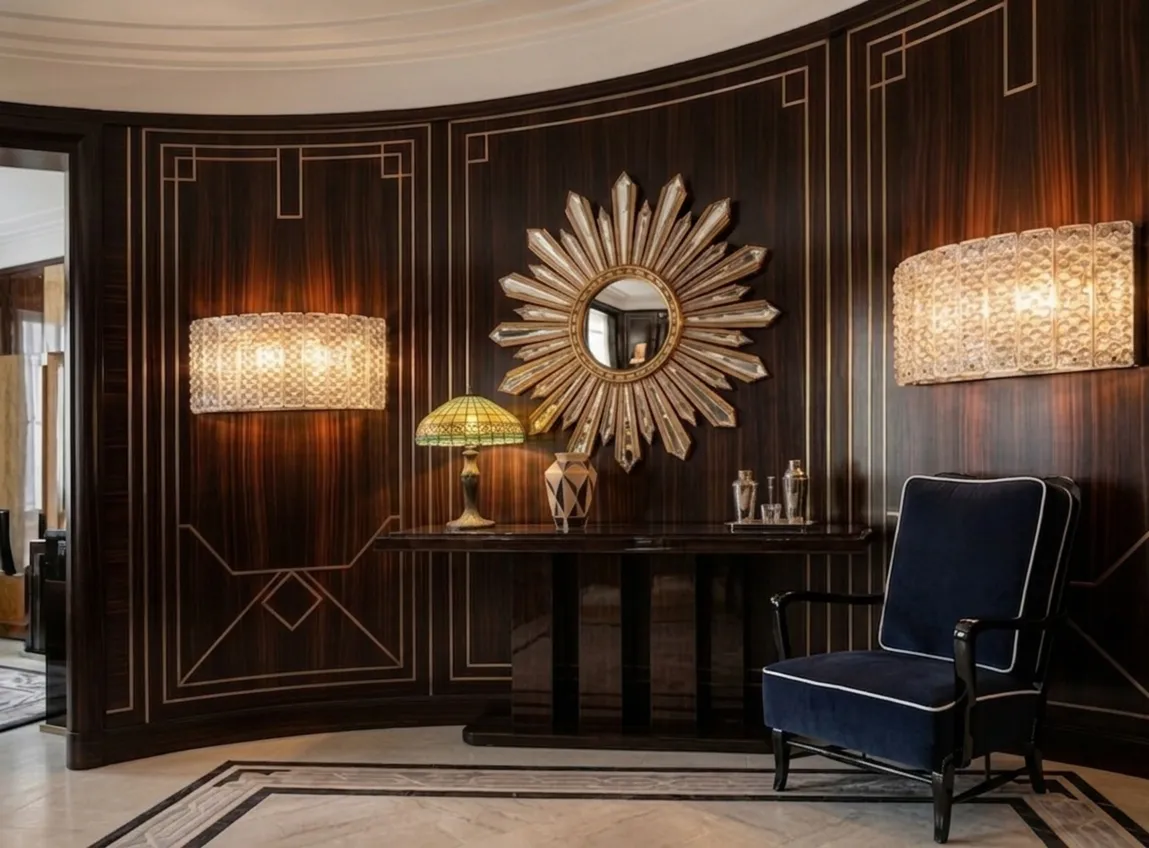 Two antique armchairs decorate an elegant room with lamps and a mirror.