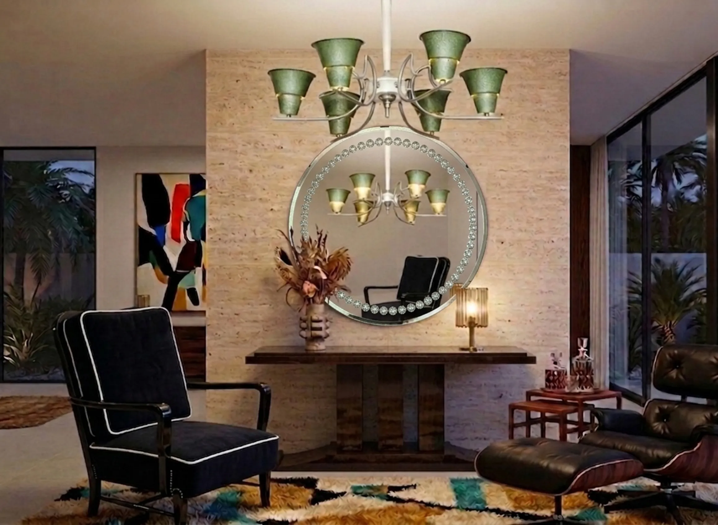 Antikes Kosmetikspiegel mit glitzernden Steinen in einem modernen Wohnzimmer mit zeitgenössischer Kunst.