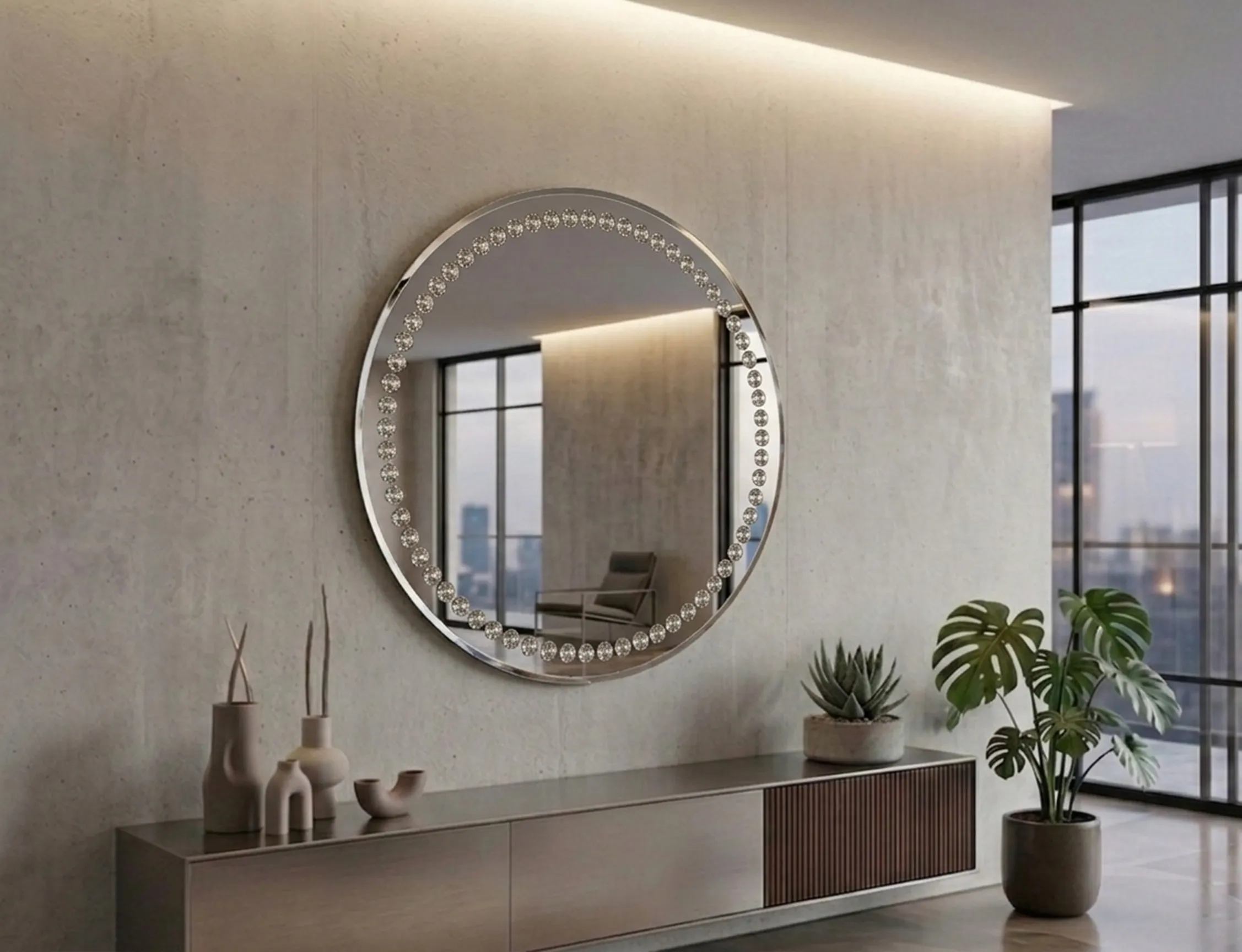 specchio antico decorativo su una parete di un soggiorno moderno