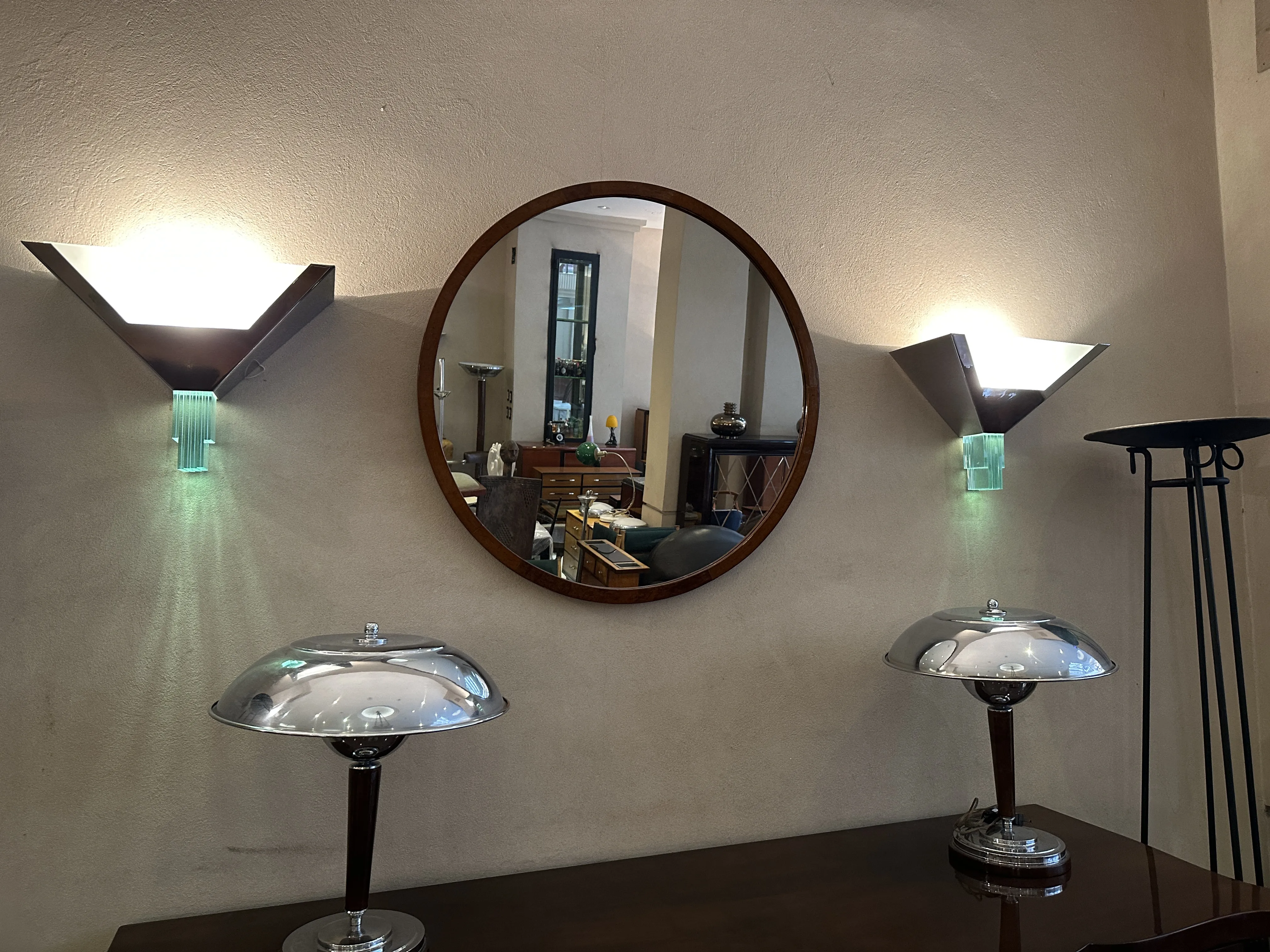 two antique table lamps with a mirror and soft light.