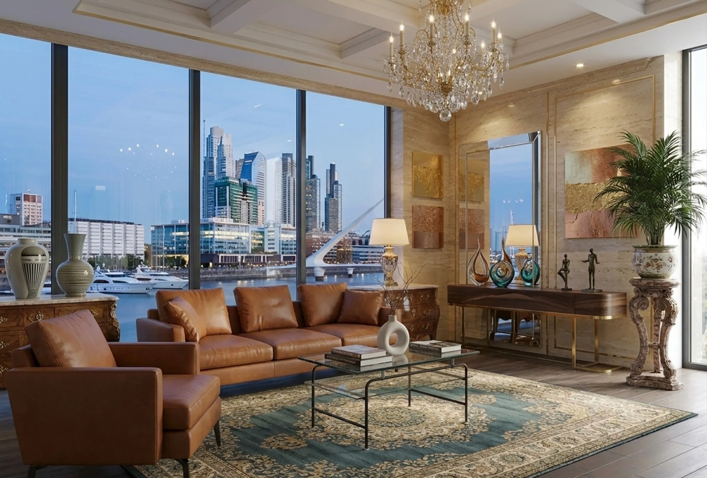 Antiker Couchtisch in einem stilvollen Wohnzimmer mit Blick