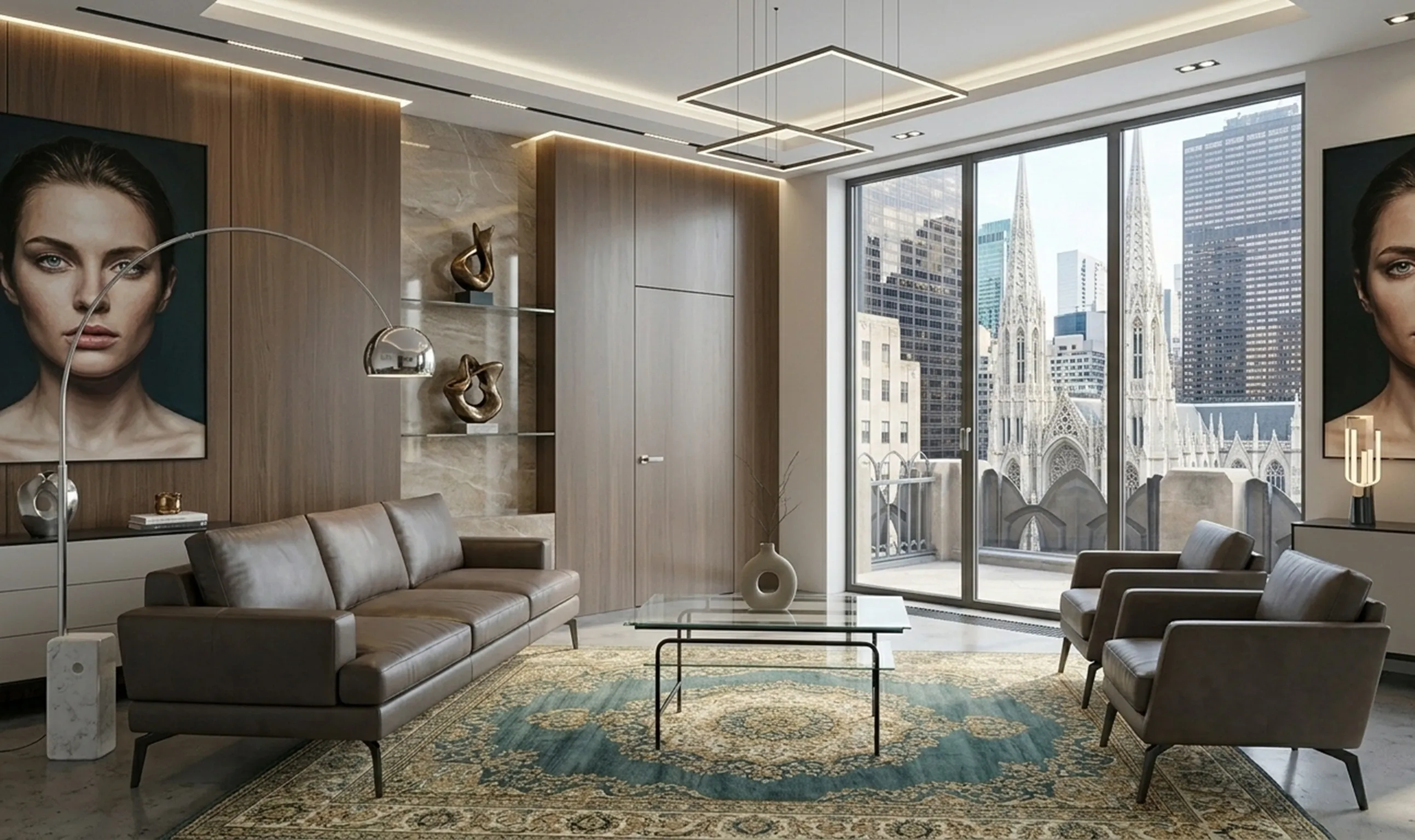 antiker couchtisch mit glasplatte in modernem wohnzimmer