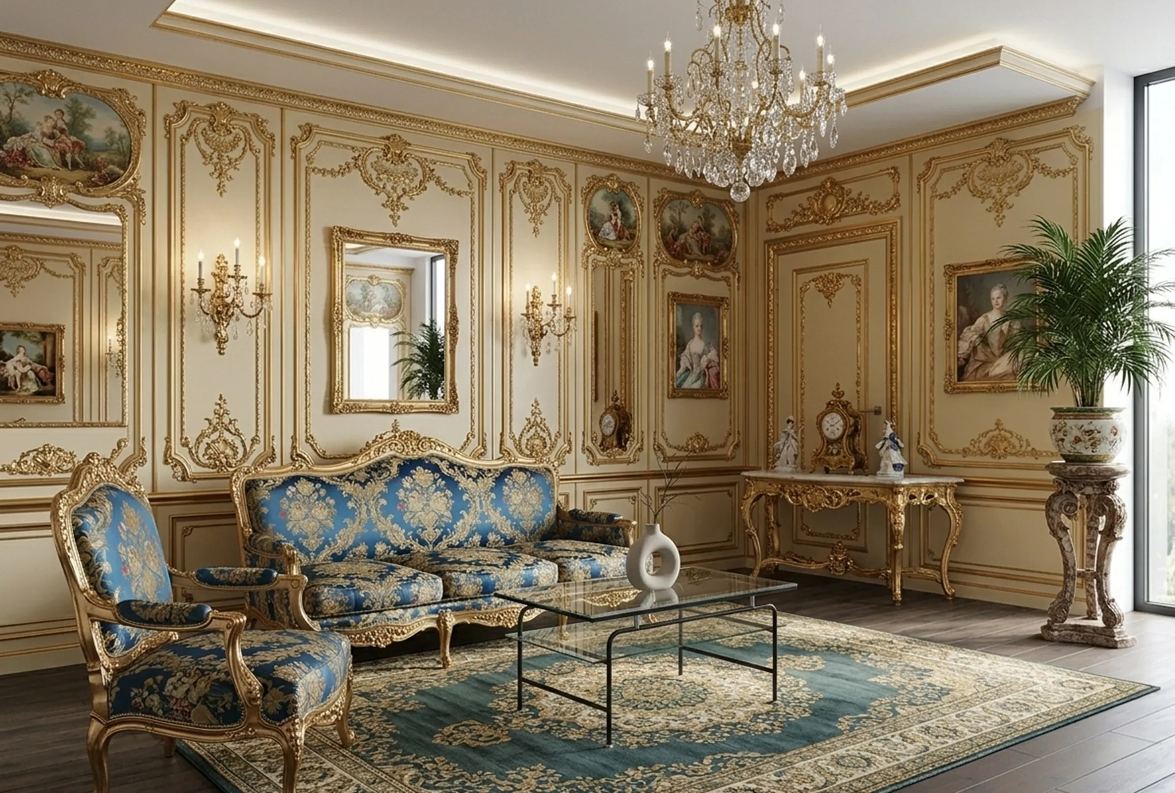 Table basse antique dans un salon élégant avec des accents dorés et un tapis décoratif.