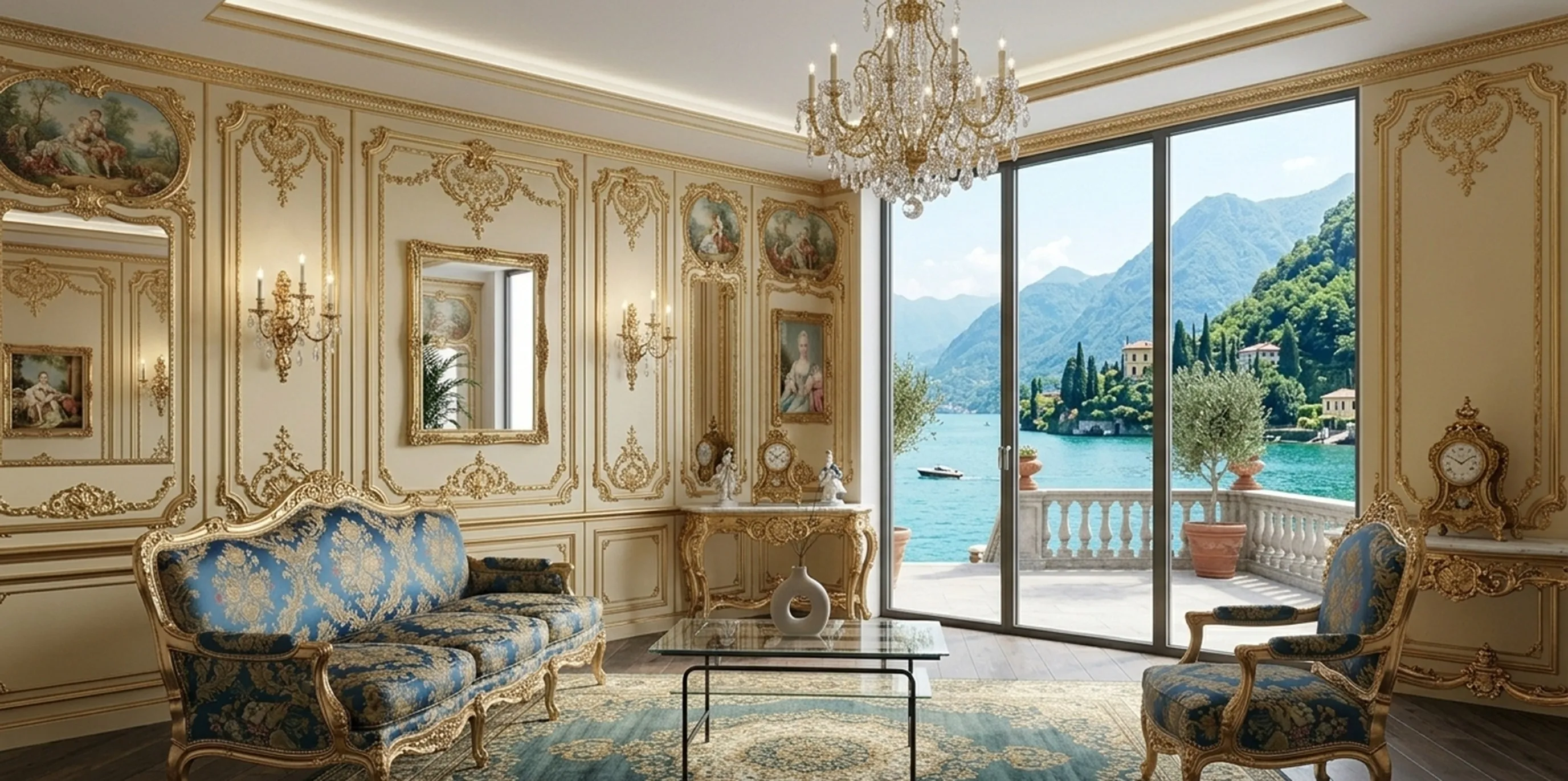 Mesa ratona antigua en una lujosa sala con vista al lago