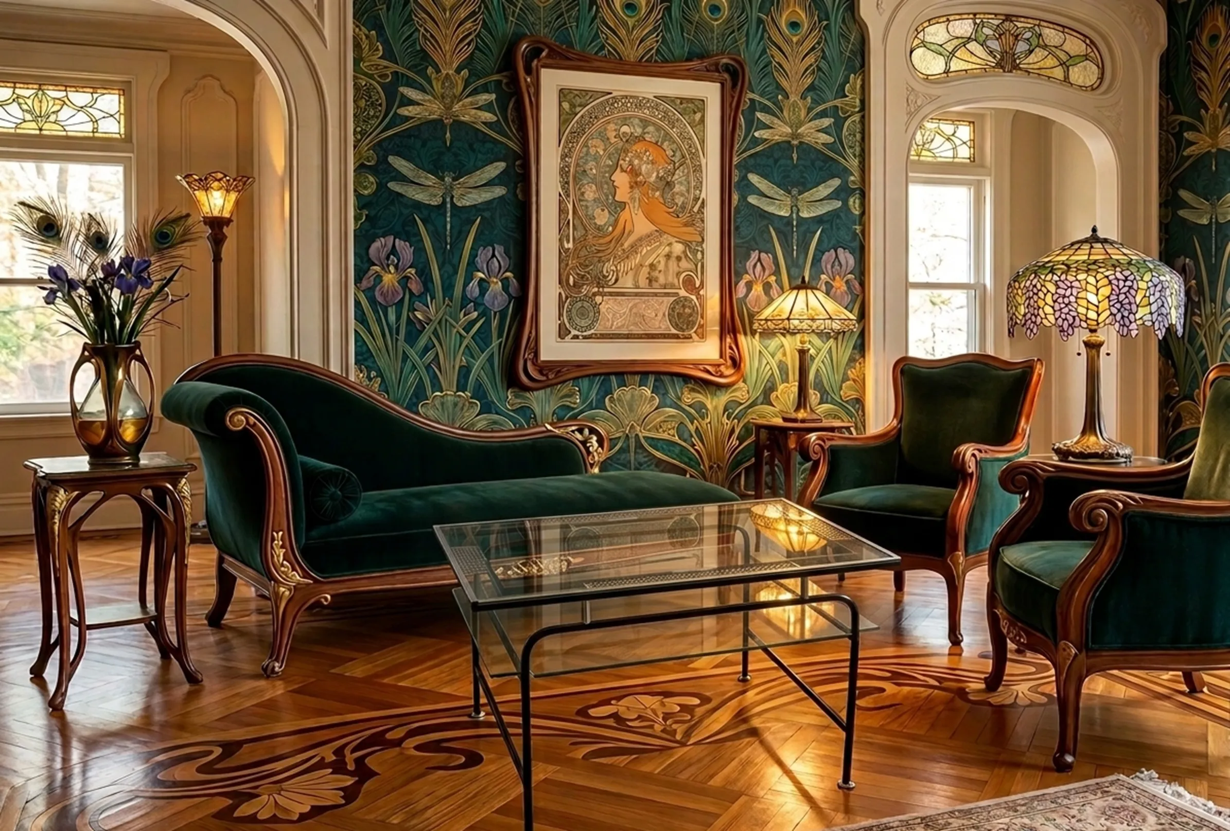 antique coffee table in an elegant living room with flowers