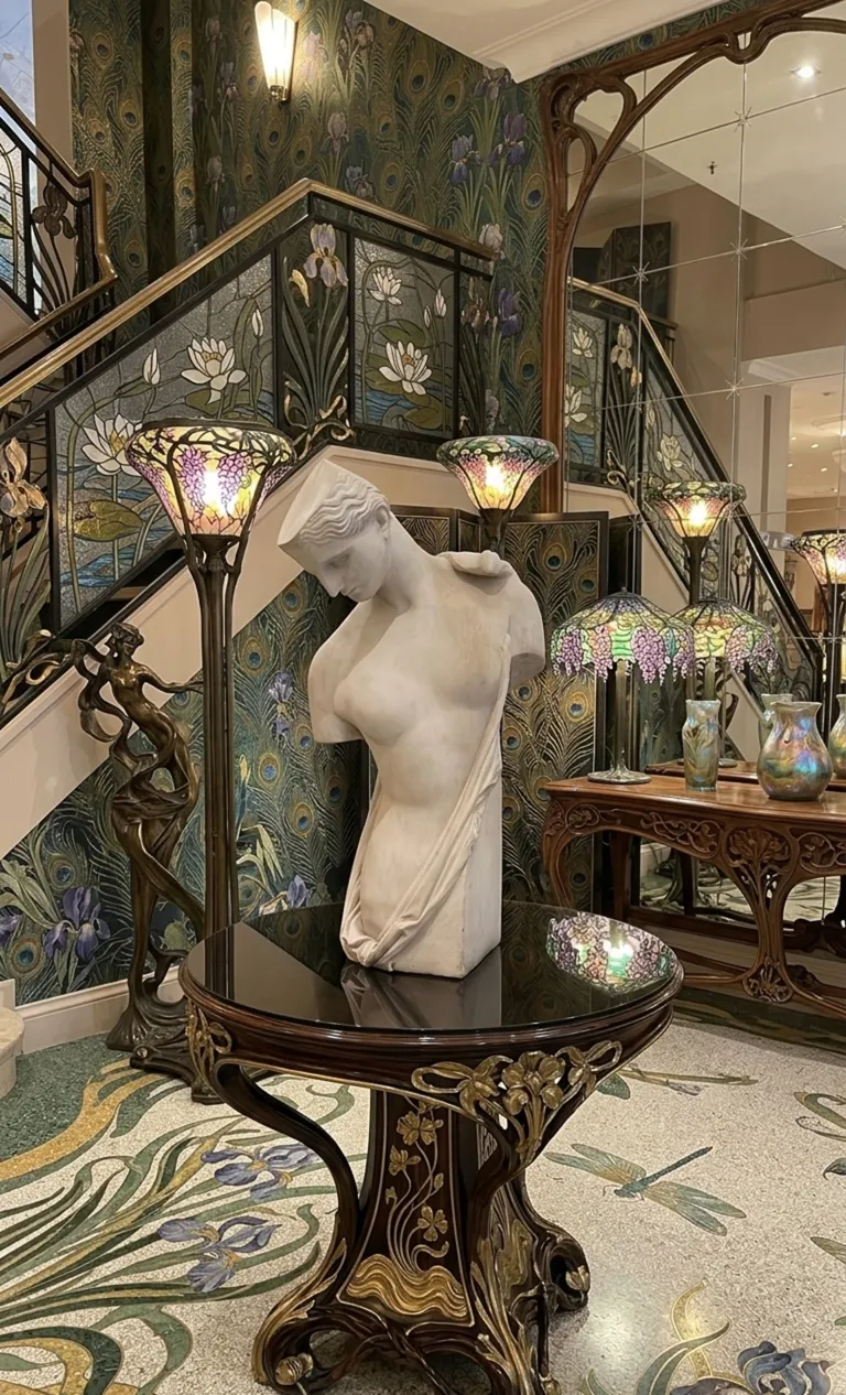 escultura antiga de uma figura feminina em um ambiente elegante