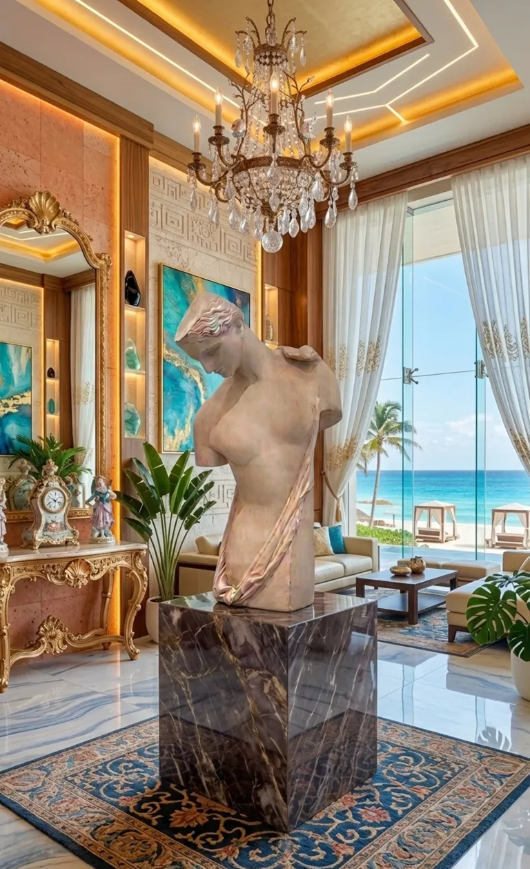 antique sculpture of a human figure in an elegant setting