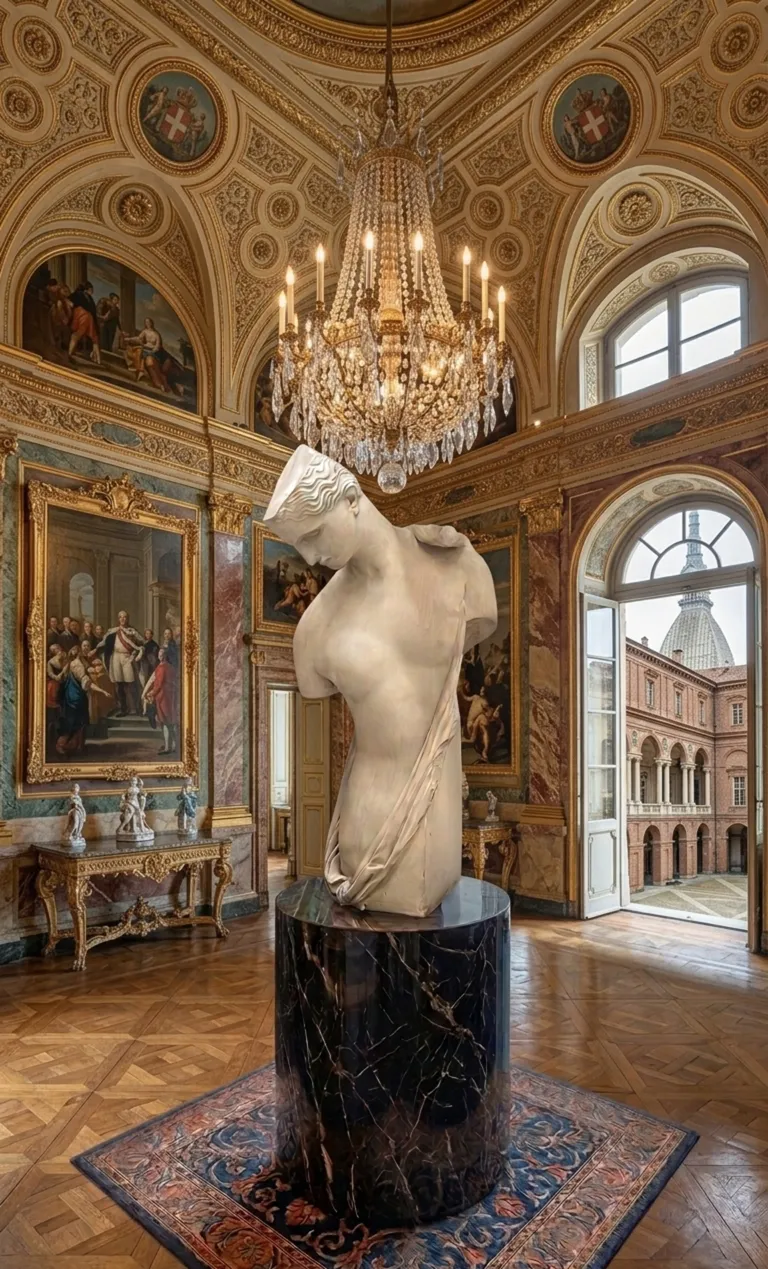 antike menschliche Torso-Skulptur in einem dekorierten Saal