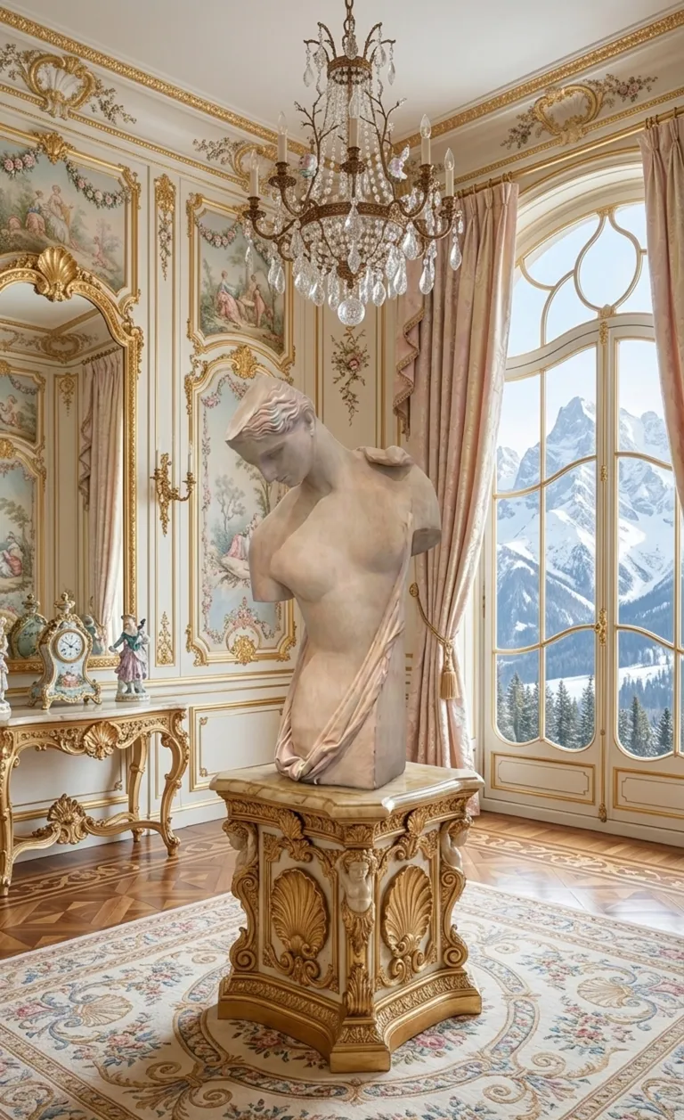 escultura antigua decorativa en una habitación opulenta con ventanales