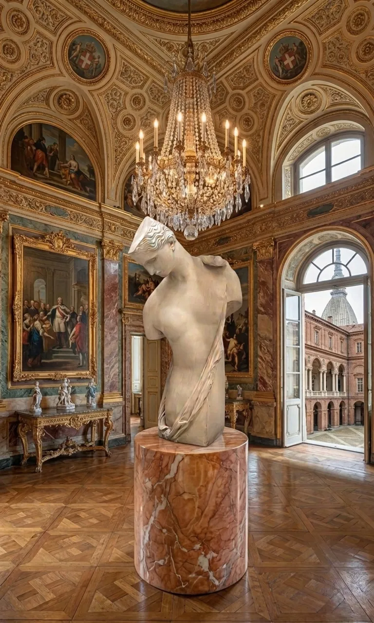 antique sculpture in a room with chandeliers and paintings