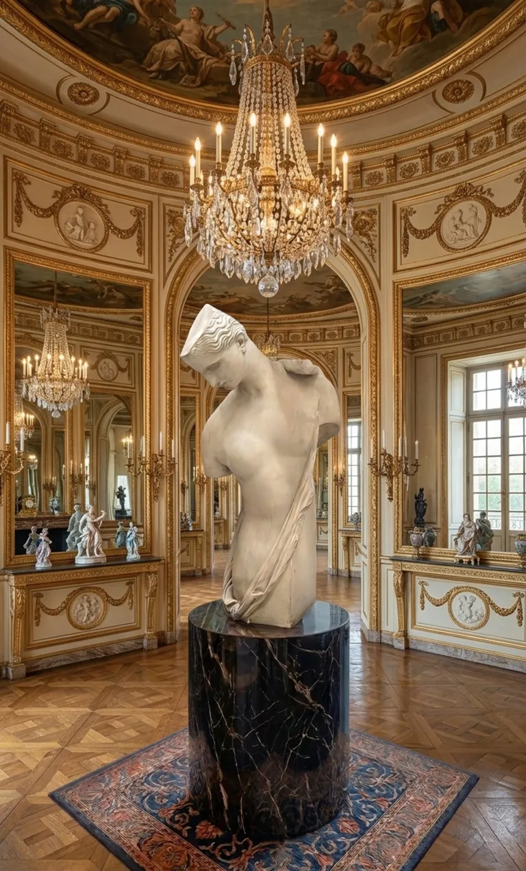 escultura antigua de mármol blanca en un ambiente decorativo y elegante, rodeada de candelabros y espejos
