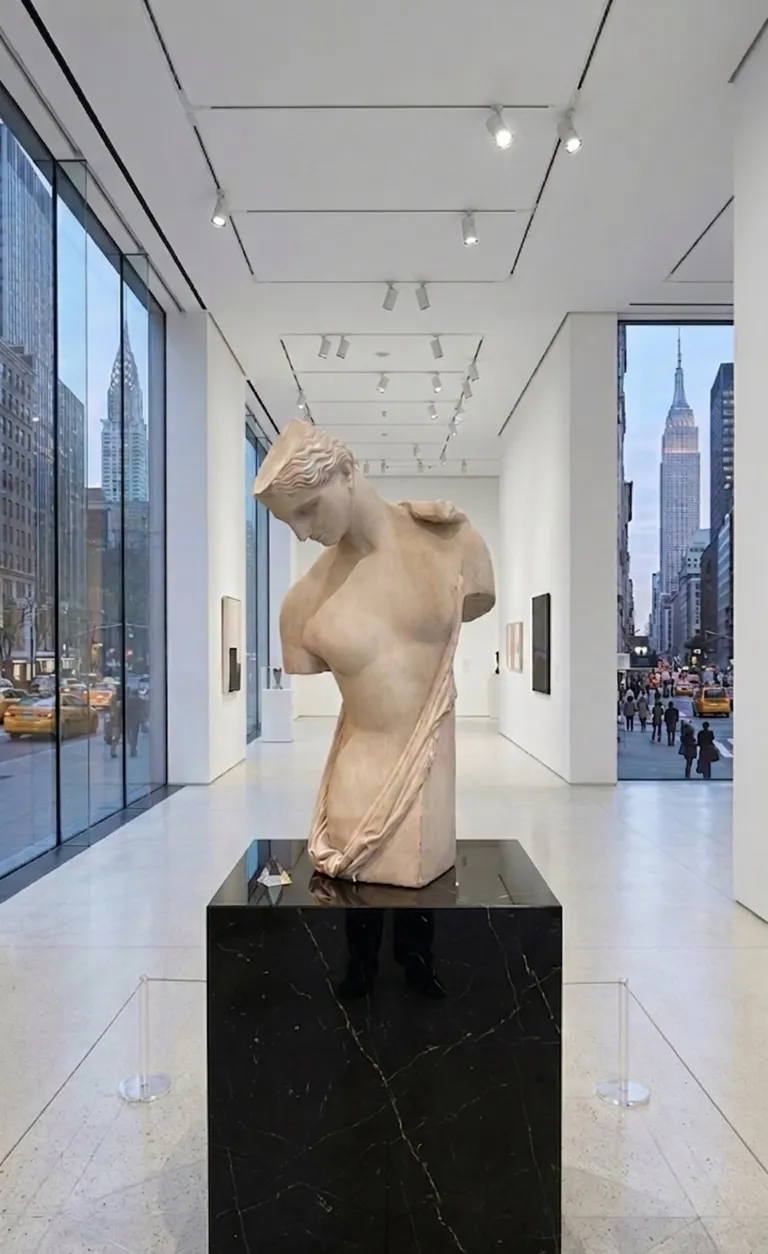 escultura antiga de figura humana em museu moderno