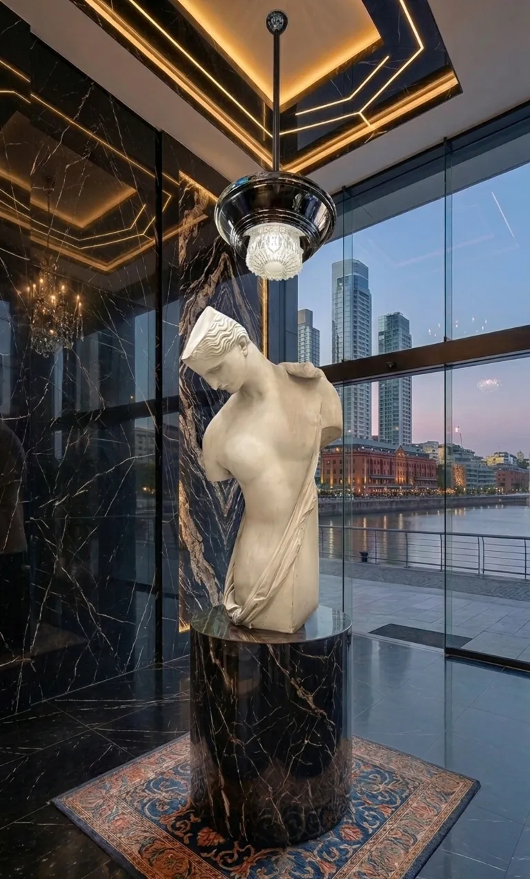 escultura antigua en un ambiente moderno, iluminada y con fondo urbano