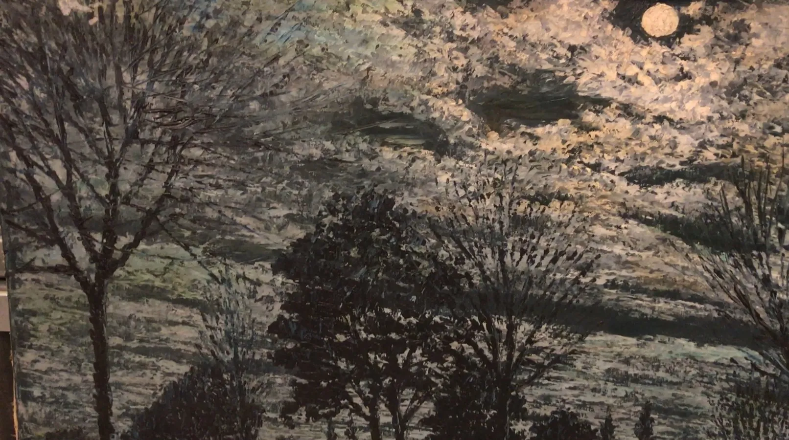 고대 그림 Crispino가 나무와 별이 빛나는 하늘을 배경으로 한 야경을 묘사합니다.