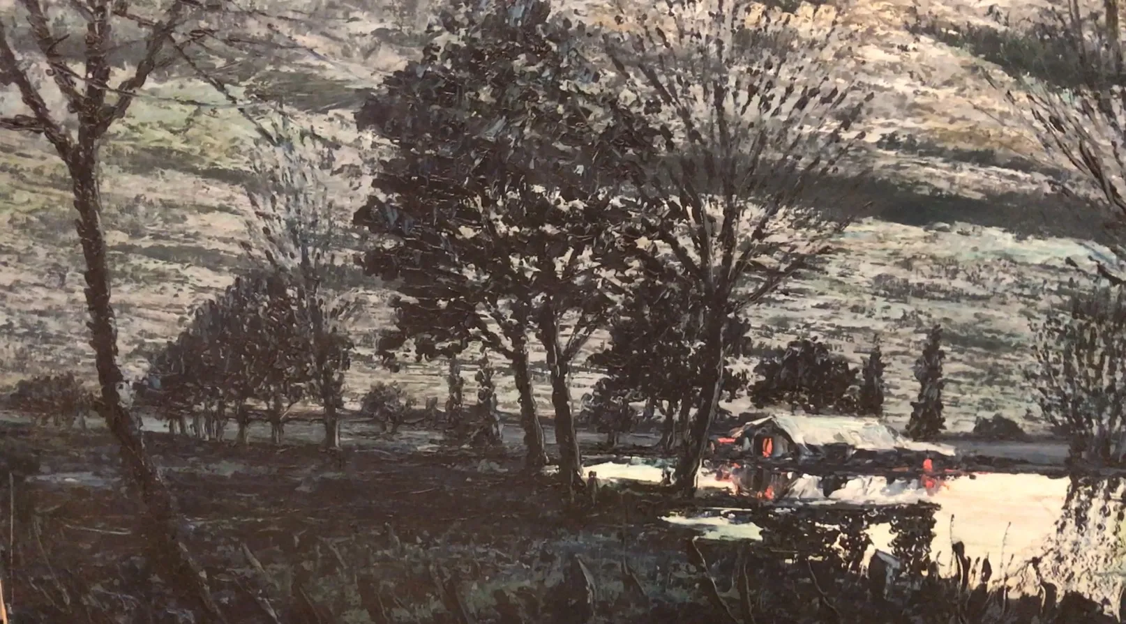 古い絵画crispino、暗い風景と木が特徴。