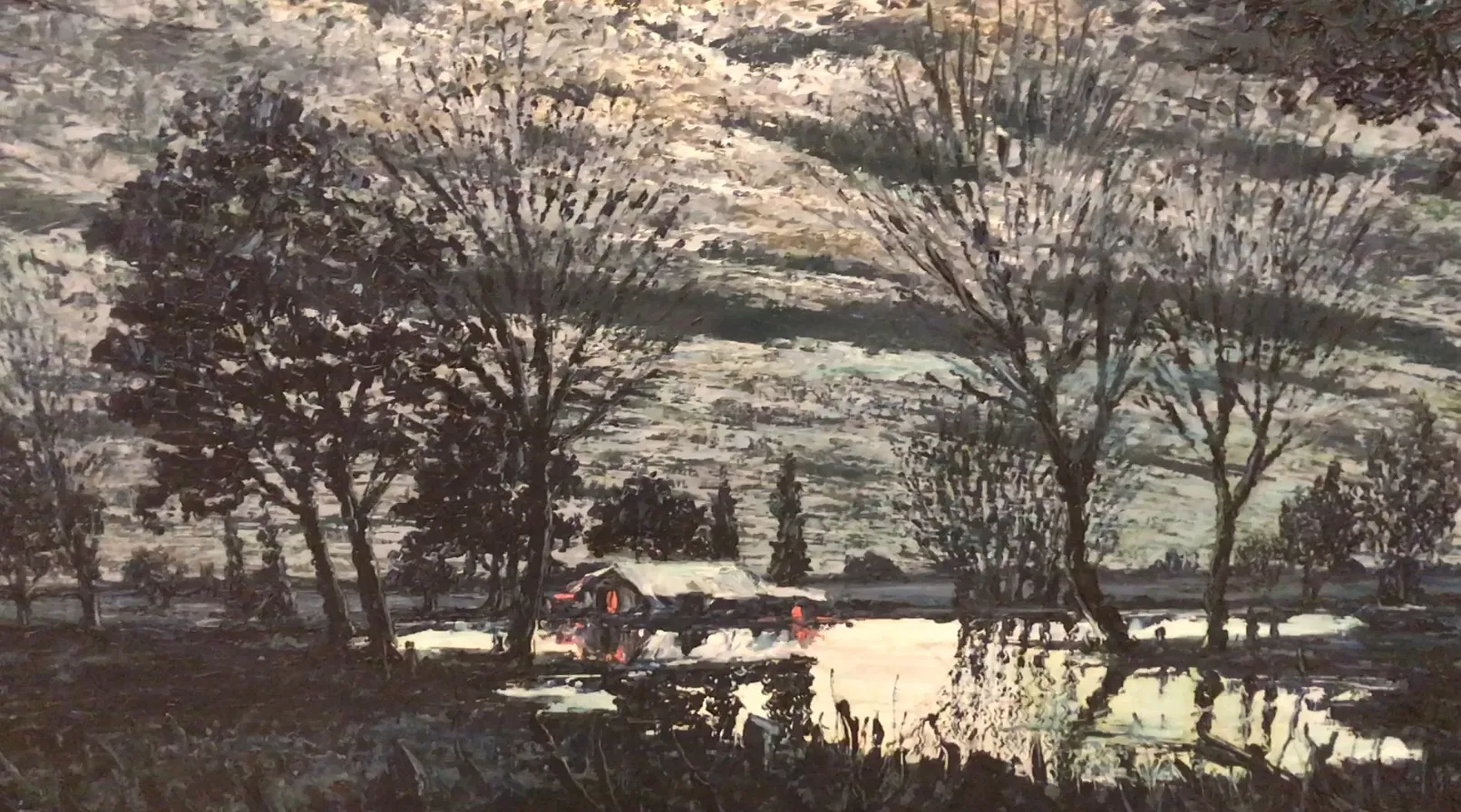 Ancienne peinture Crispino d'un paysage avec des arbres et de l'eau