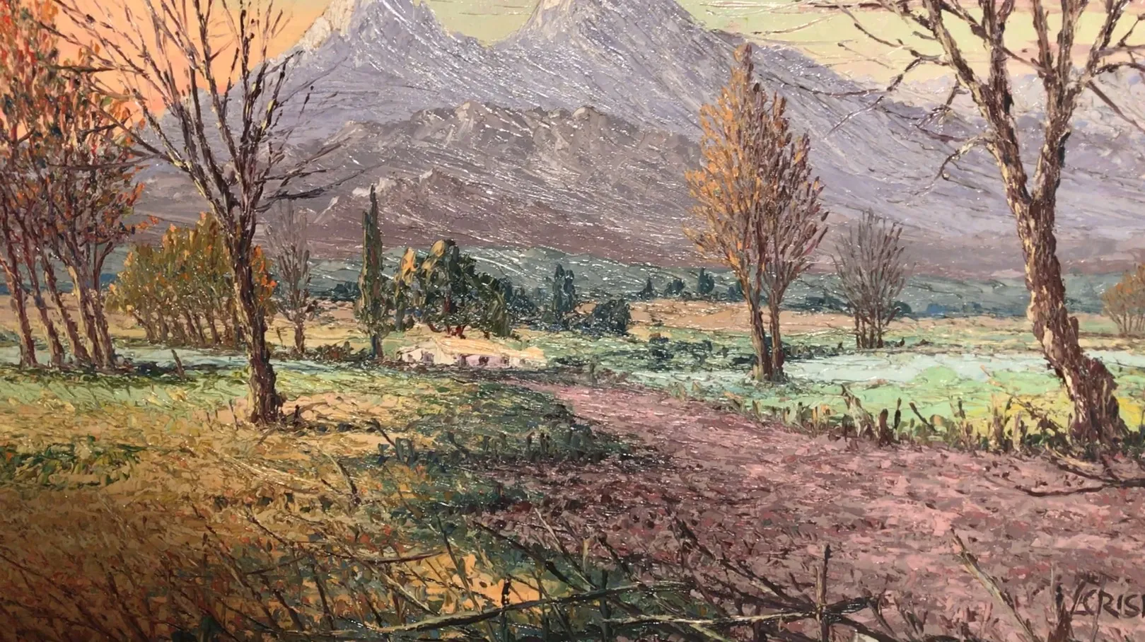 pintura antiga de uma paisagem com montanhas e árvores secas.