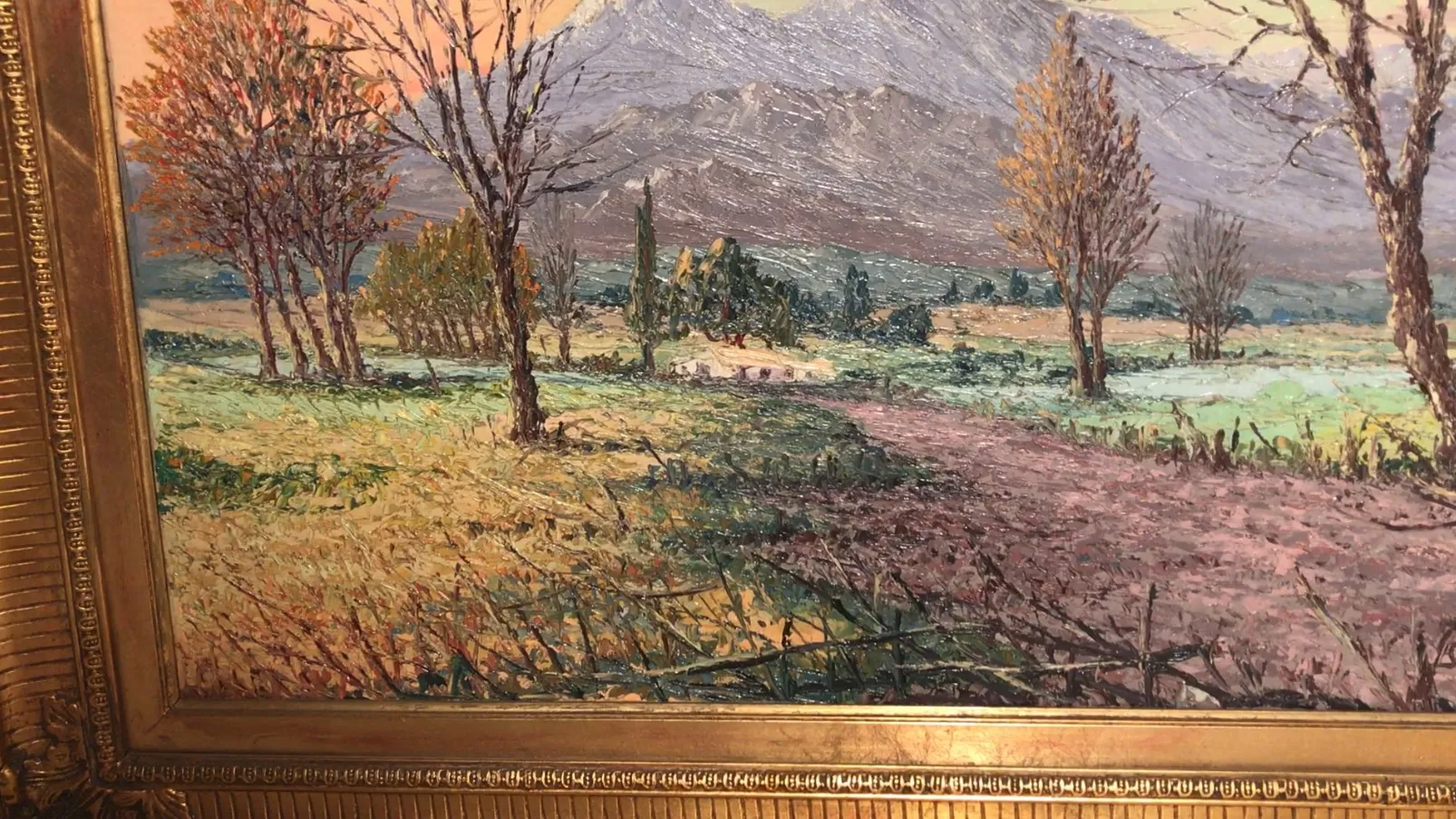 pintura de paisaje antigua con árboles y un camino