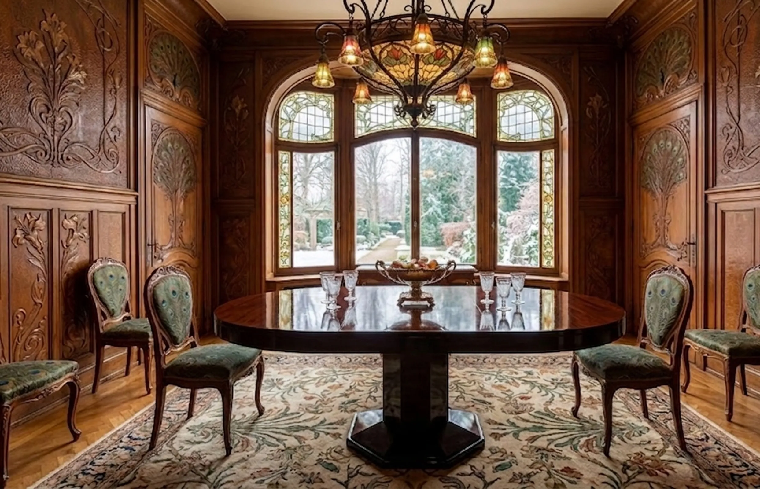Mesa de jantar antiga para 6 a 8 pessoas, ambiente elegante com janelas grandes.
