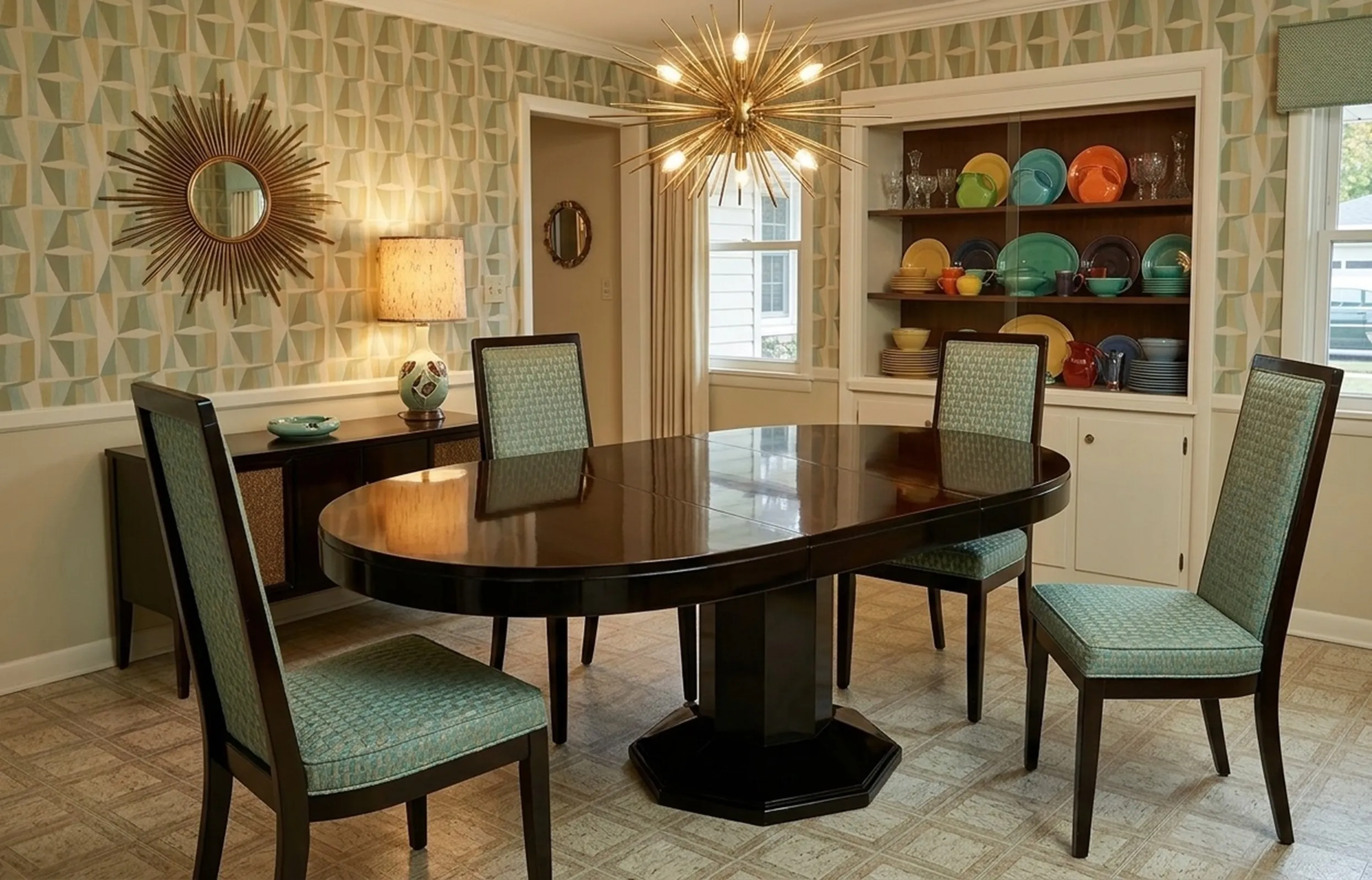 mesa de jantar antiga para 6 a 8 pessoas em uma sala elegante