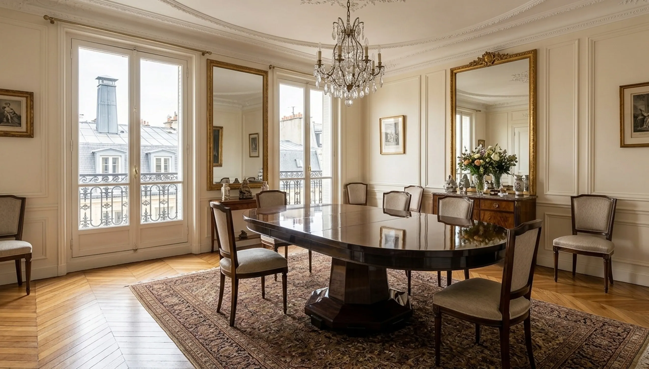 Elegant antique dining table, beautifully decorated with chairs and a mirror.