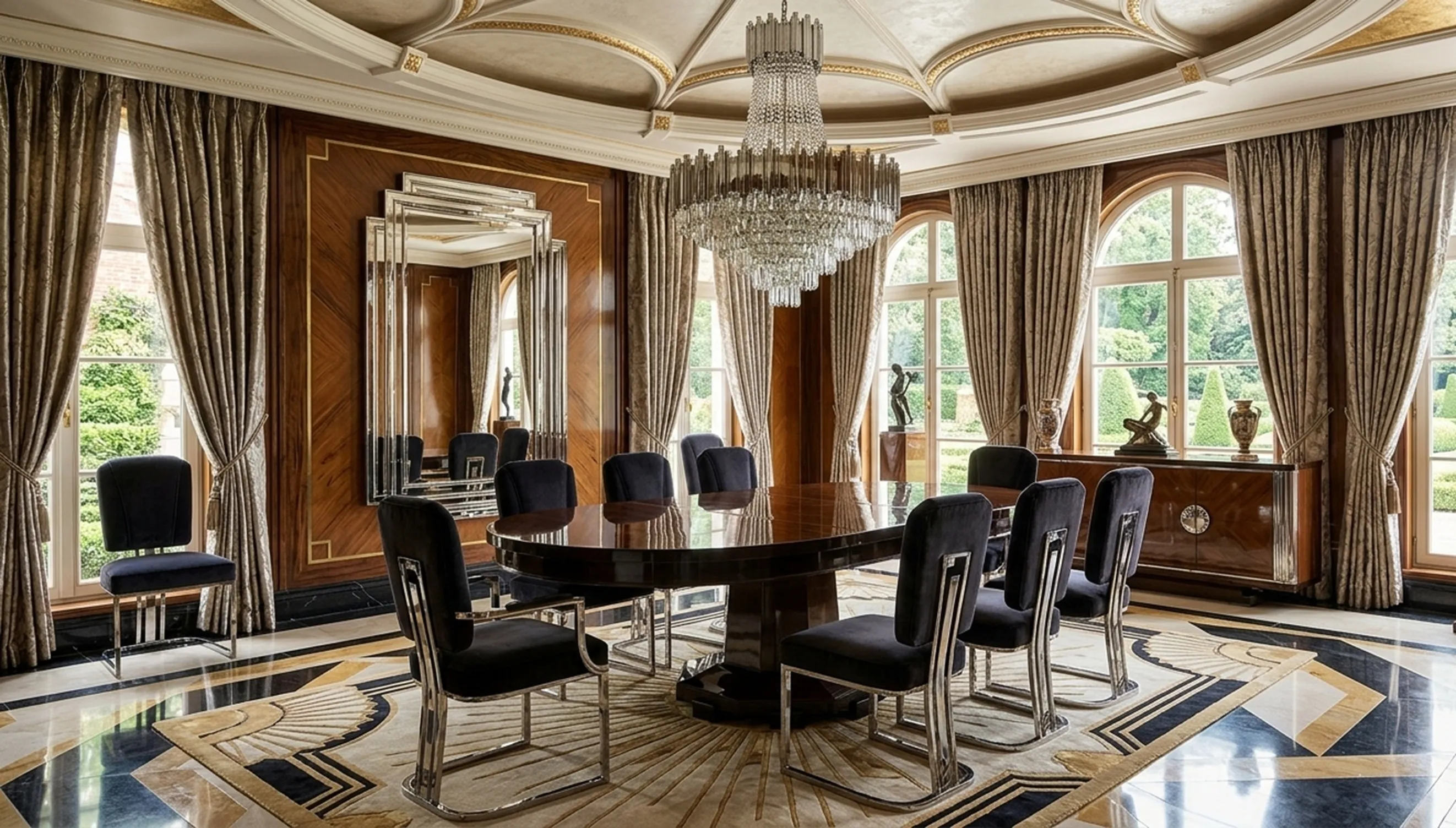 Antiker Esstisch mit dunklen Stühlen in einem eleganten Esszimmer.