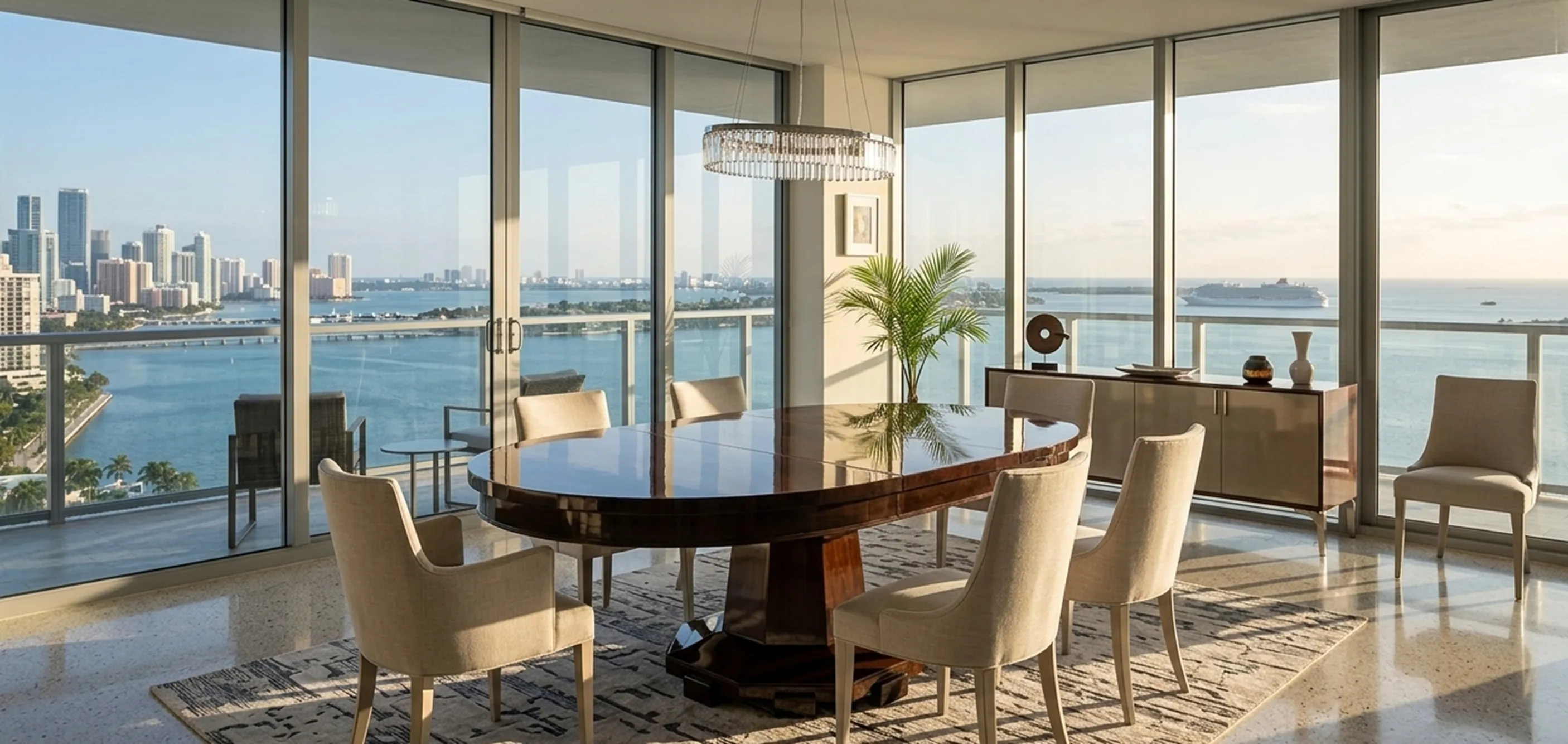 Table à manger antique pour 8 ou 4 personnes, élégante et sophistiquée, dans une pièce lumineuse avec vue sur la mer.