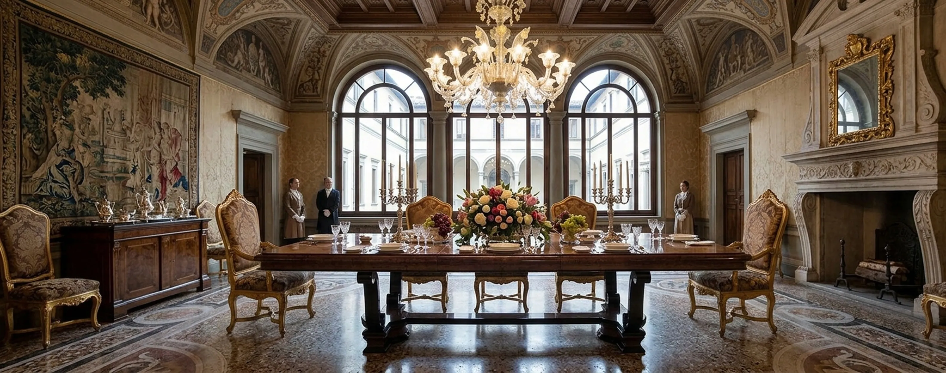 Table à manger ancienne pour 10 personnes dans une salle à manger élégante