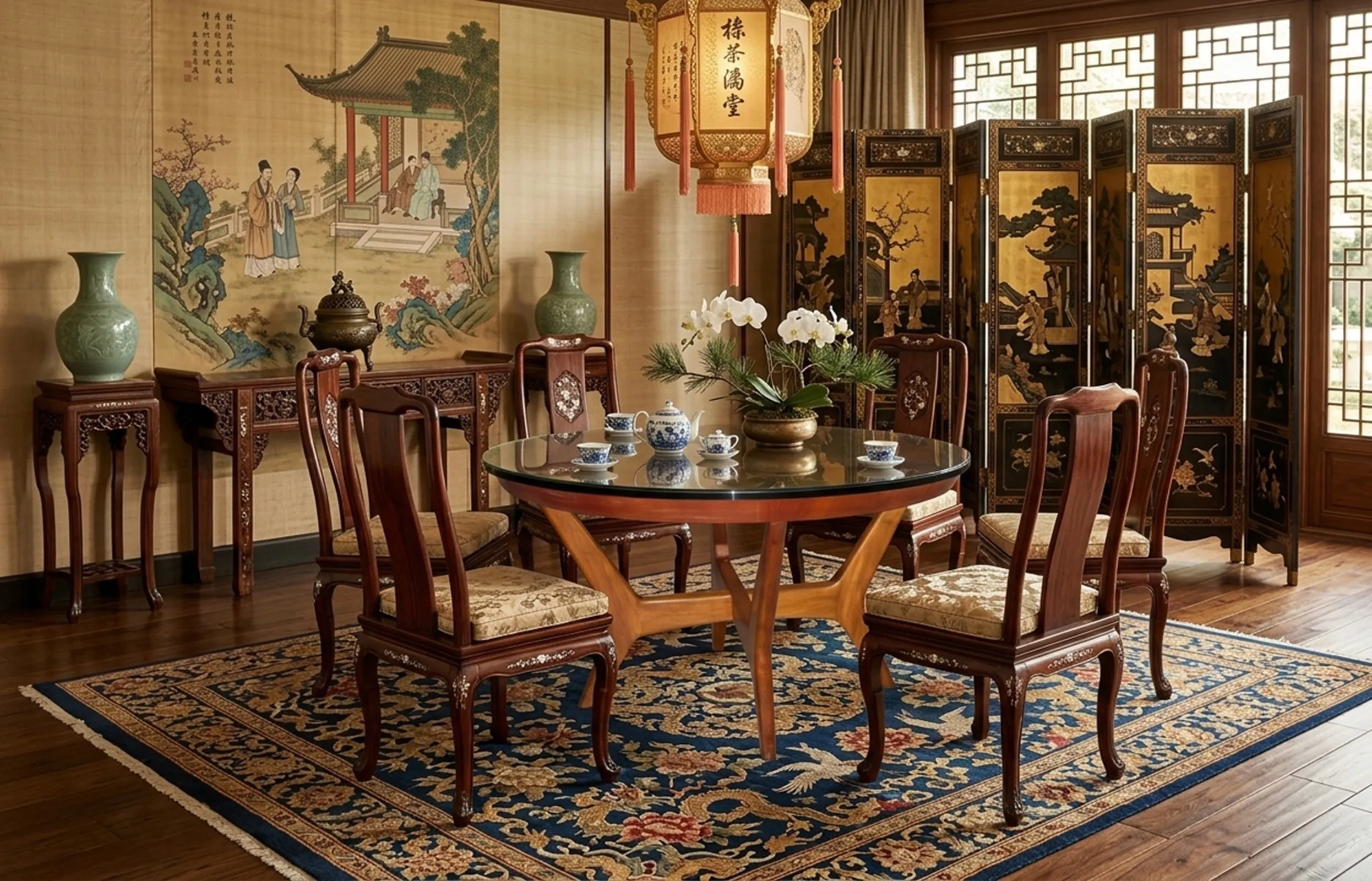 Mesa de comedor antigua con sillas en un ambiente elegante. Decoración con jarrones y flores.