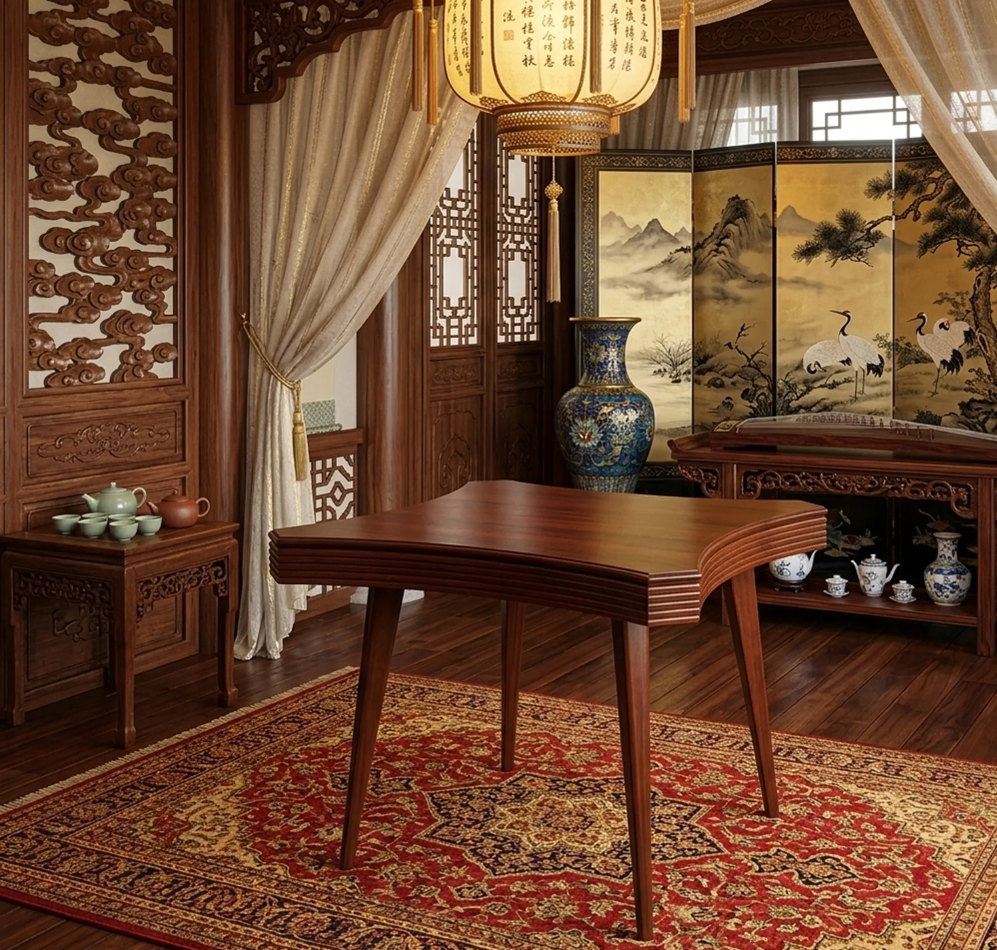 Antique game table for four people in a rustic setting with detailed decor.