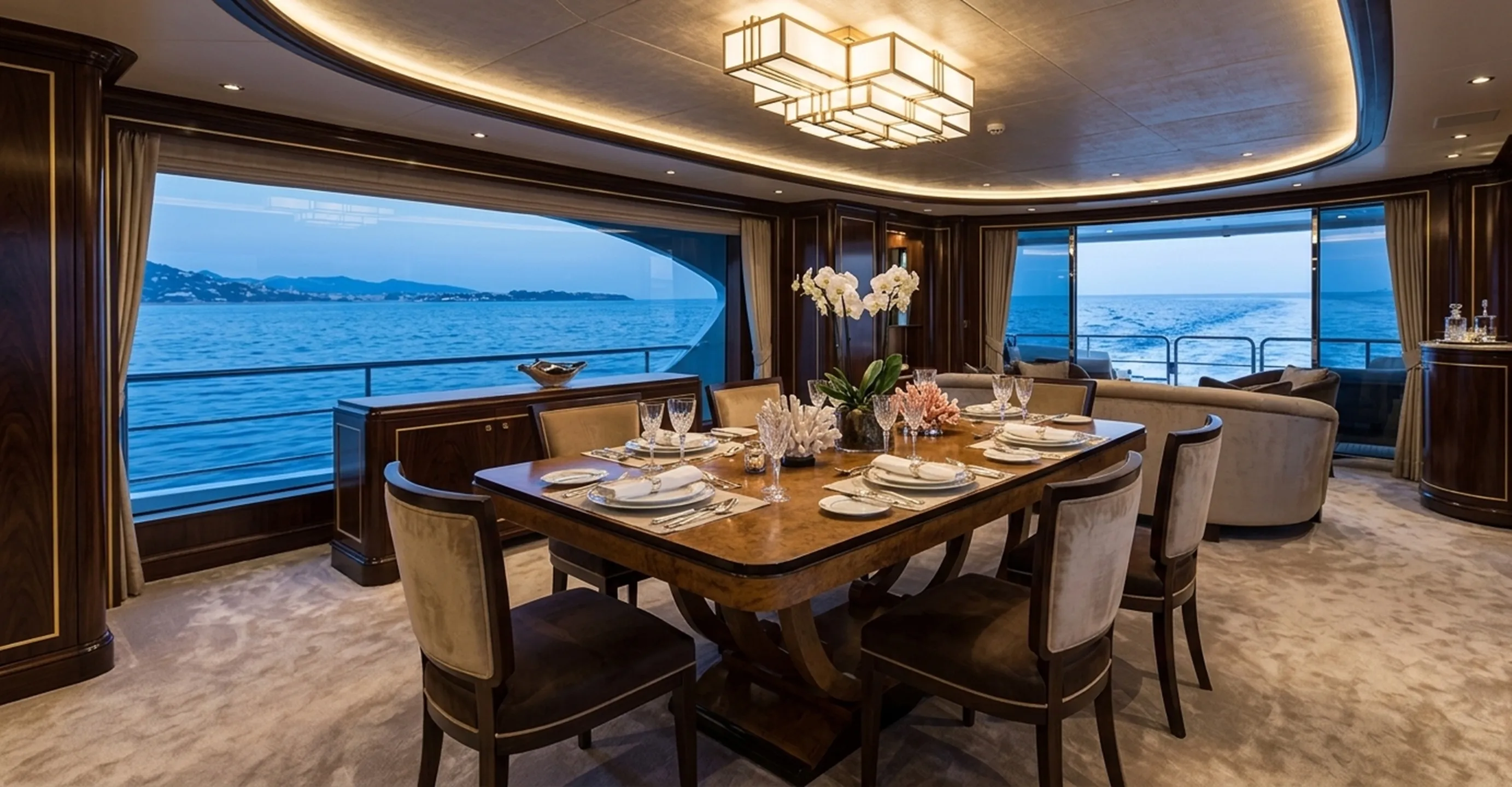 Tavolo da pranzo antico per 10 persone, elegantemente apparecchiato con vista mare.