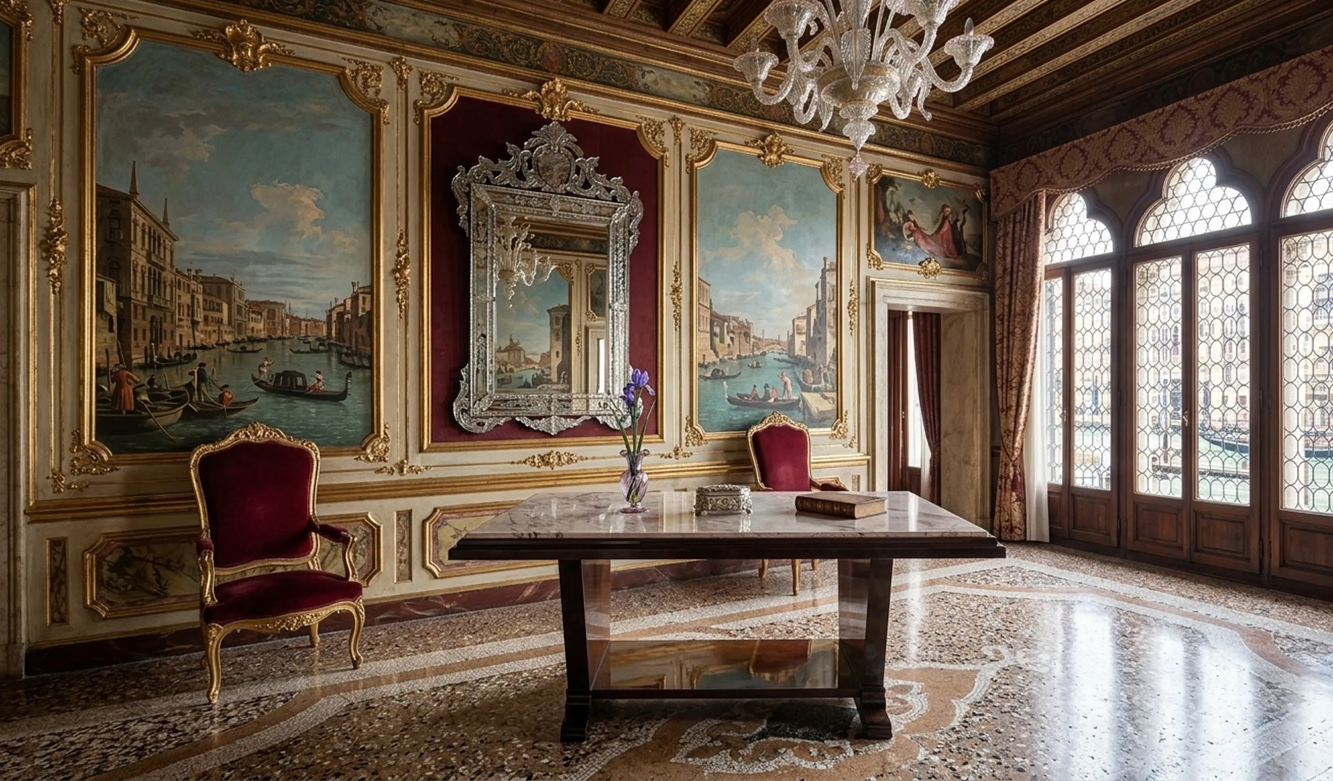 Mesa de comedor antigua para seis personas con decoración lujosa.