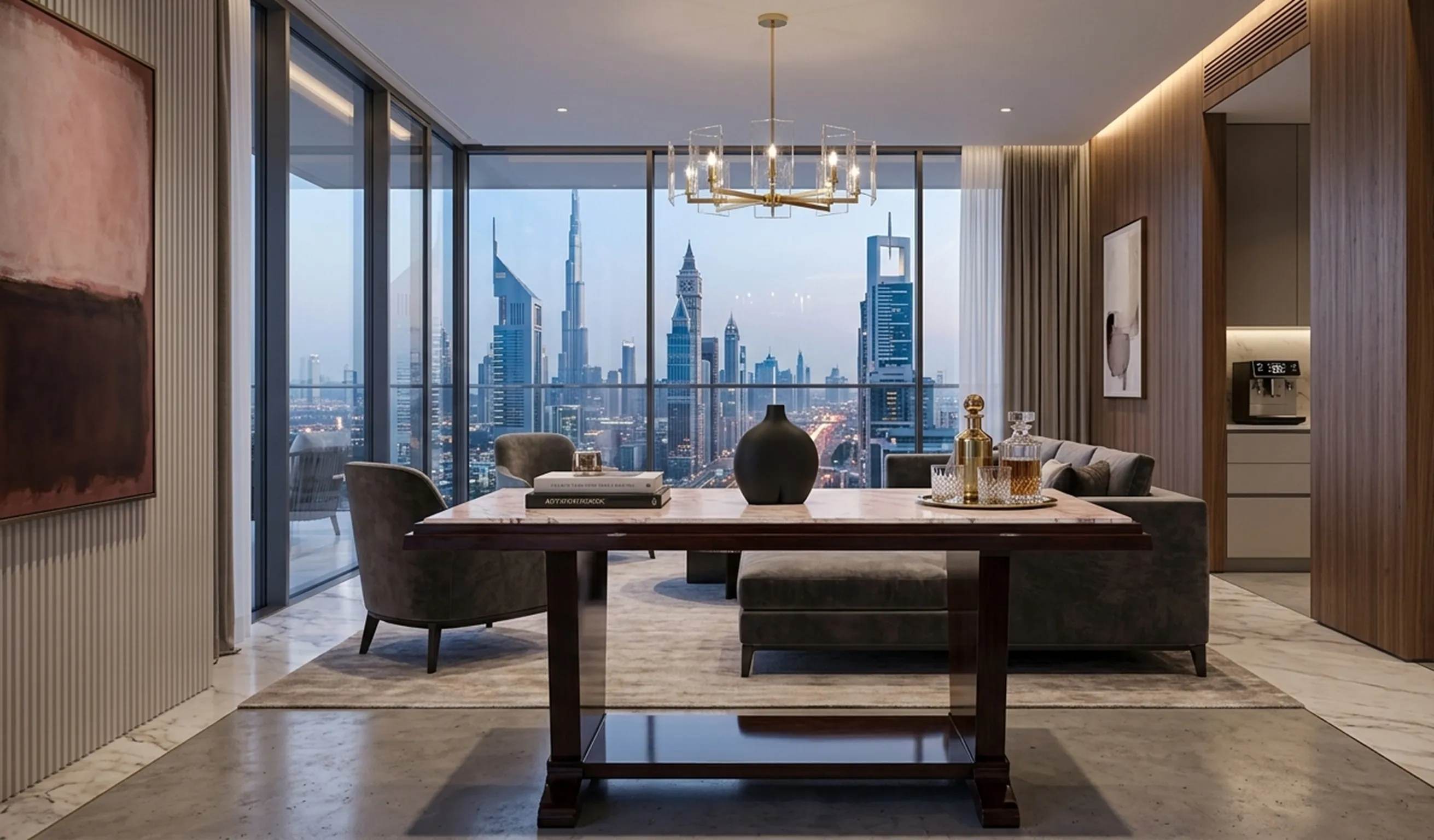 Antique dining table for six with an urban view.