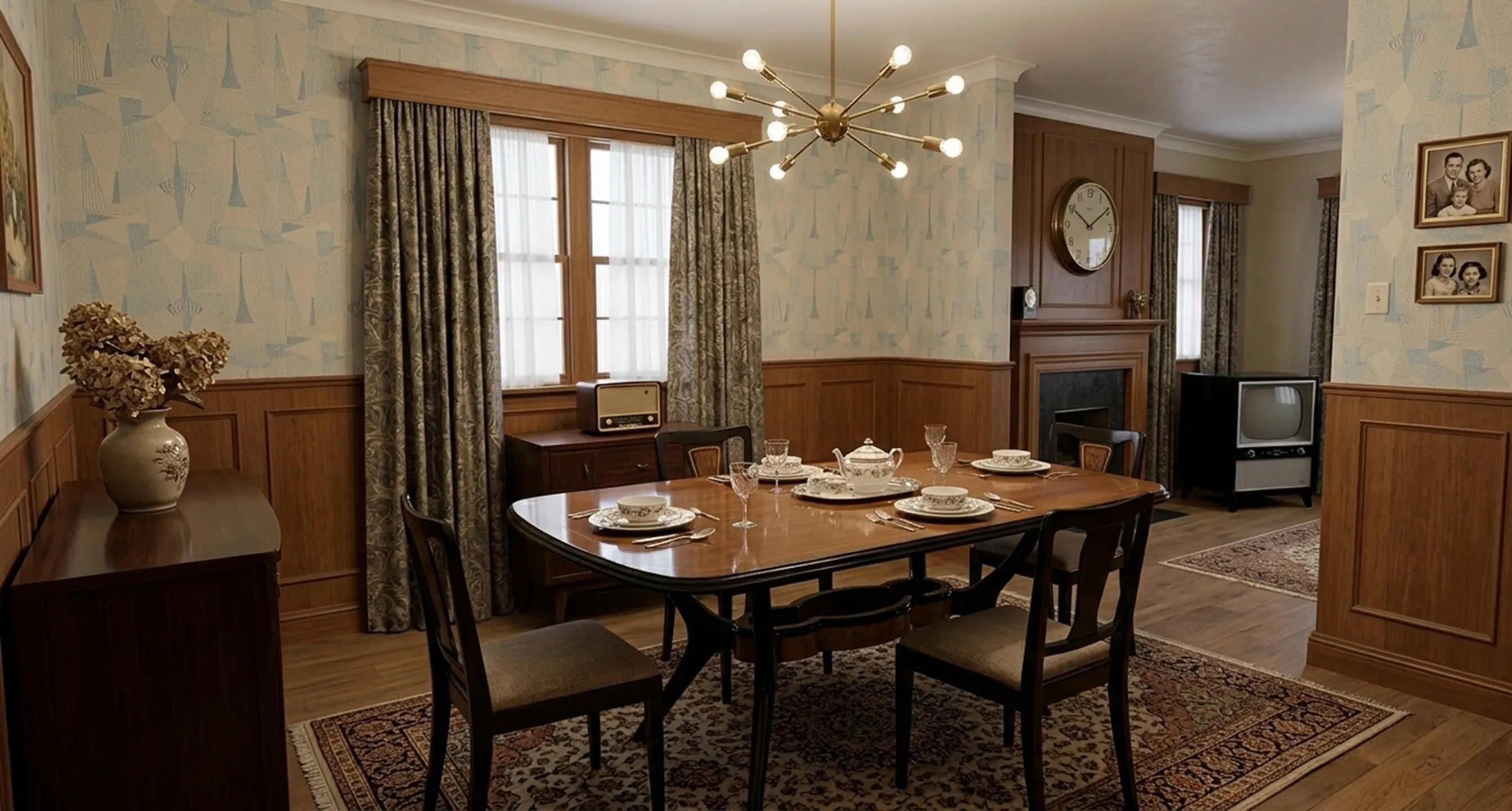 Mesa de comedor antigua para 8 personas con platos decorativos
