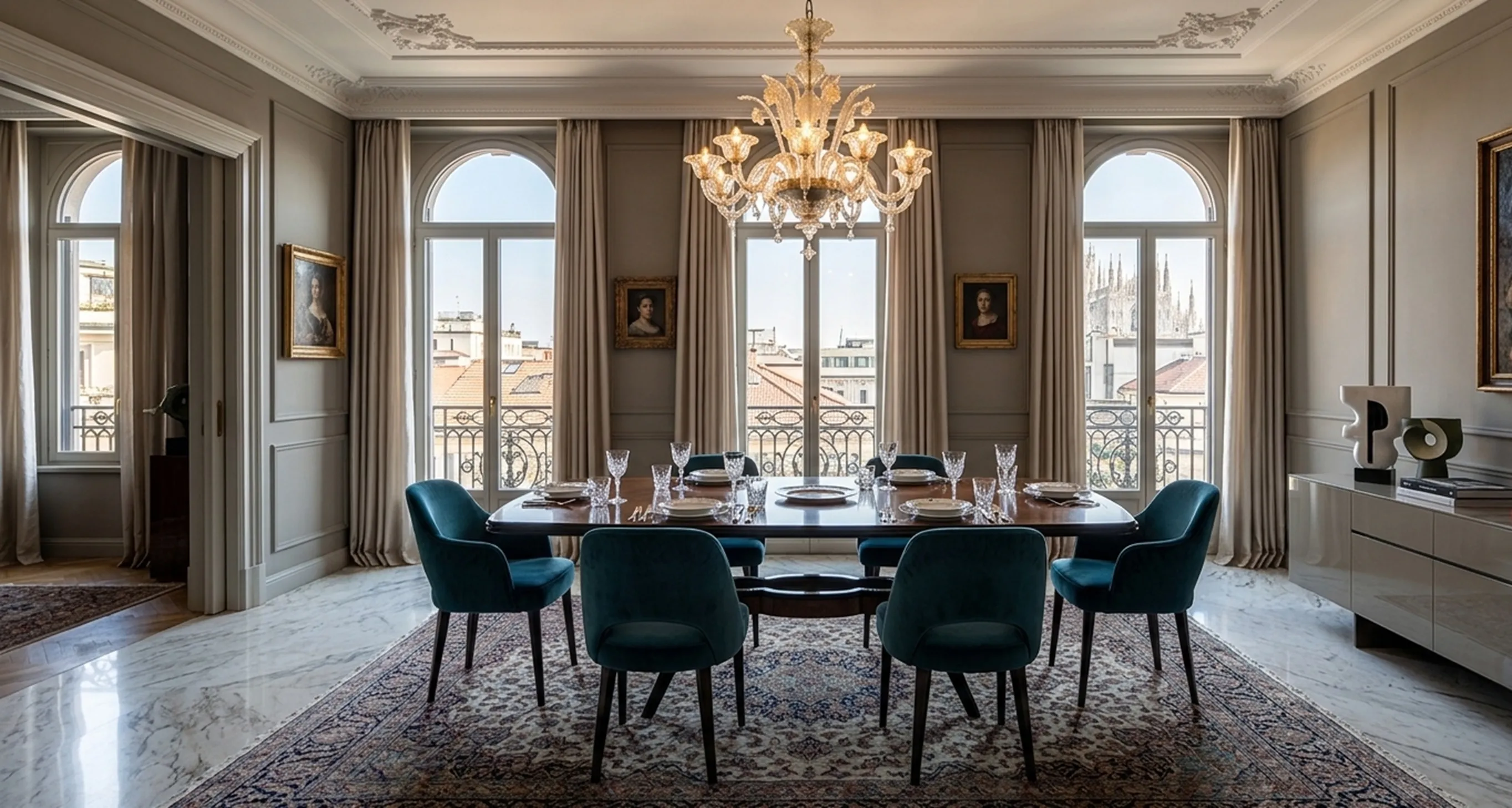 Mesa de comedor antigua para 8 personas, elegante y sofisticada, decorada con vajilla y copas.