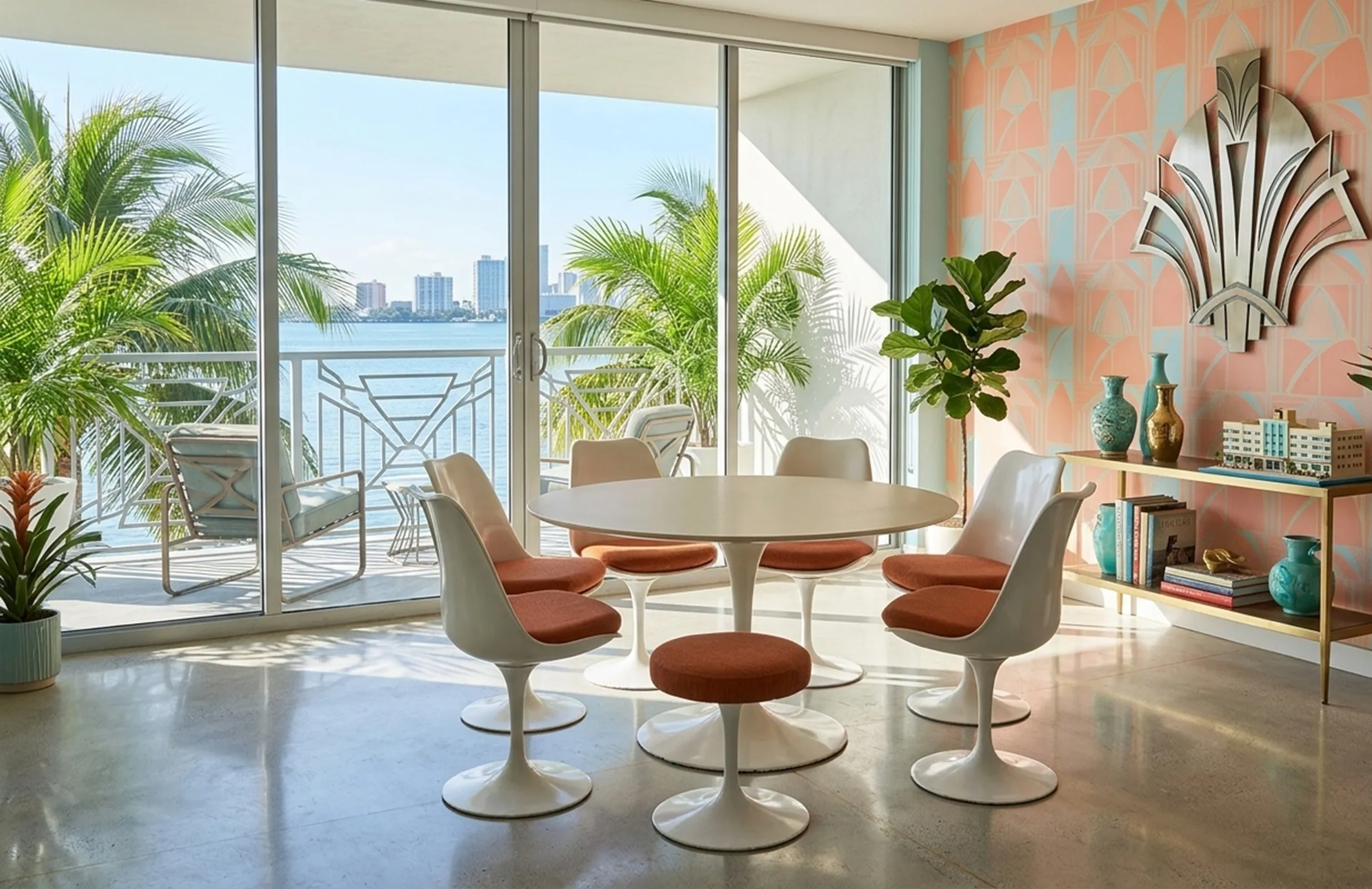 Antiker Esstisch mit modernen Stühlen, Meerblick