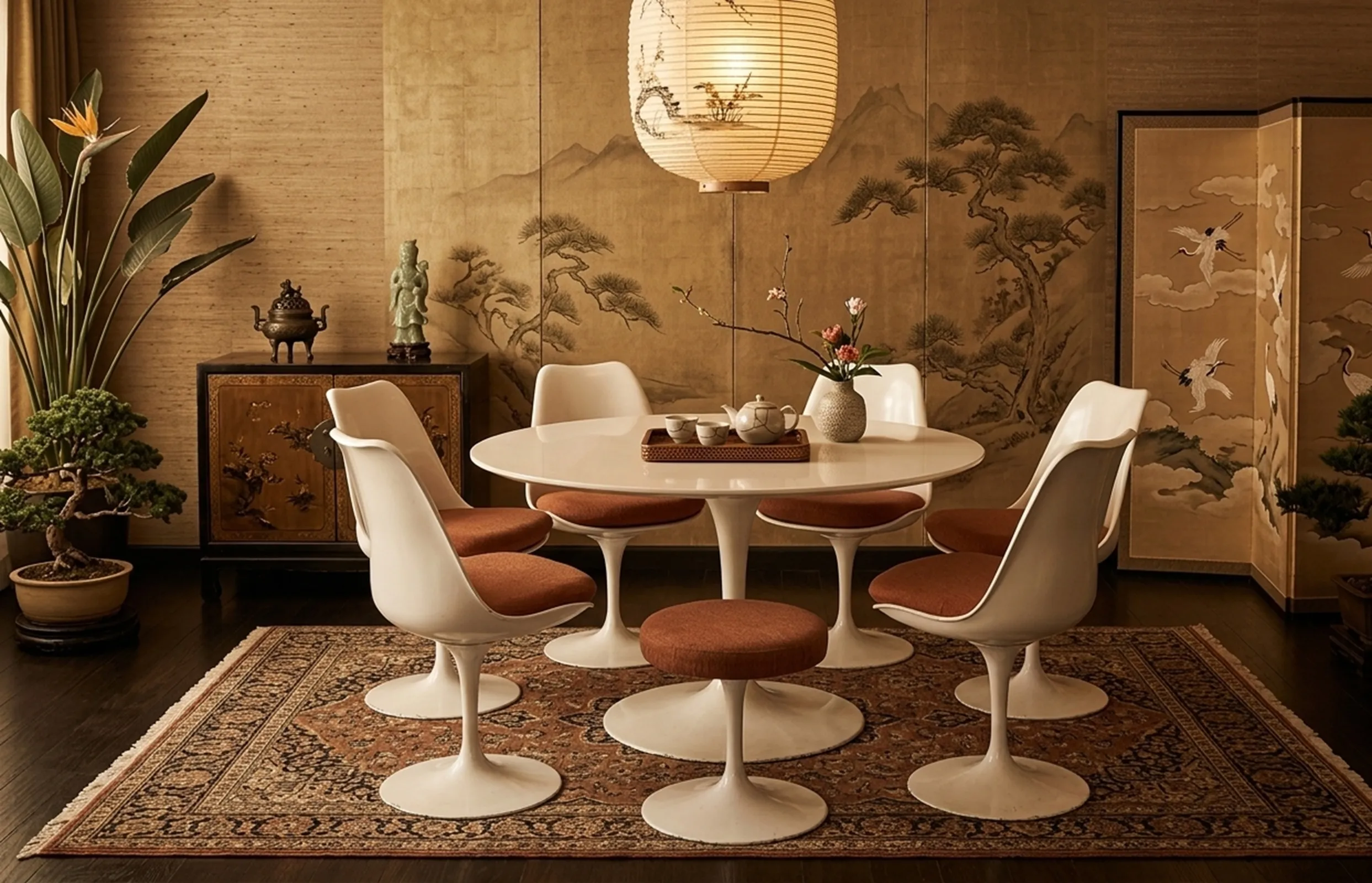 mesa de jantar antiga com seis cadeiras e um banquinho, ambiente aconchegante