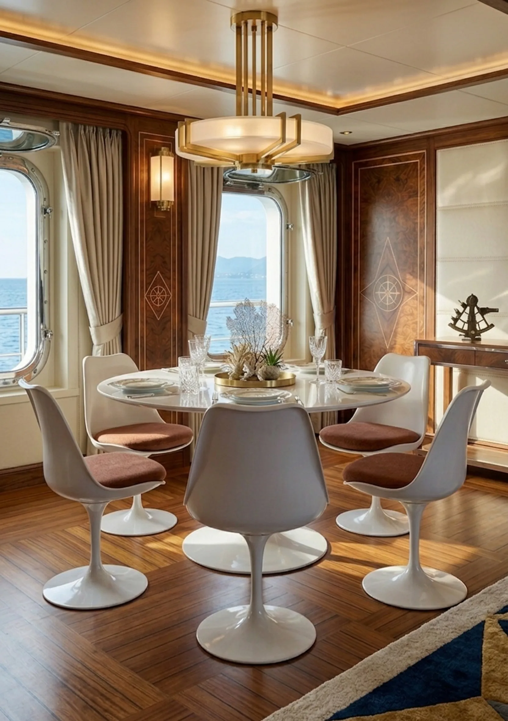 Mesa de jantar antiga para 7 pessoas, com cadeiras brancas e vista para o mar