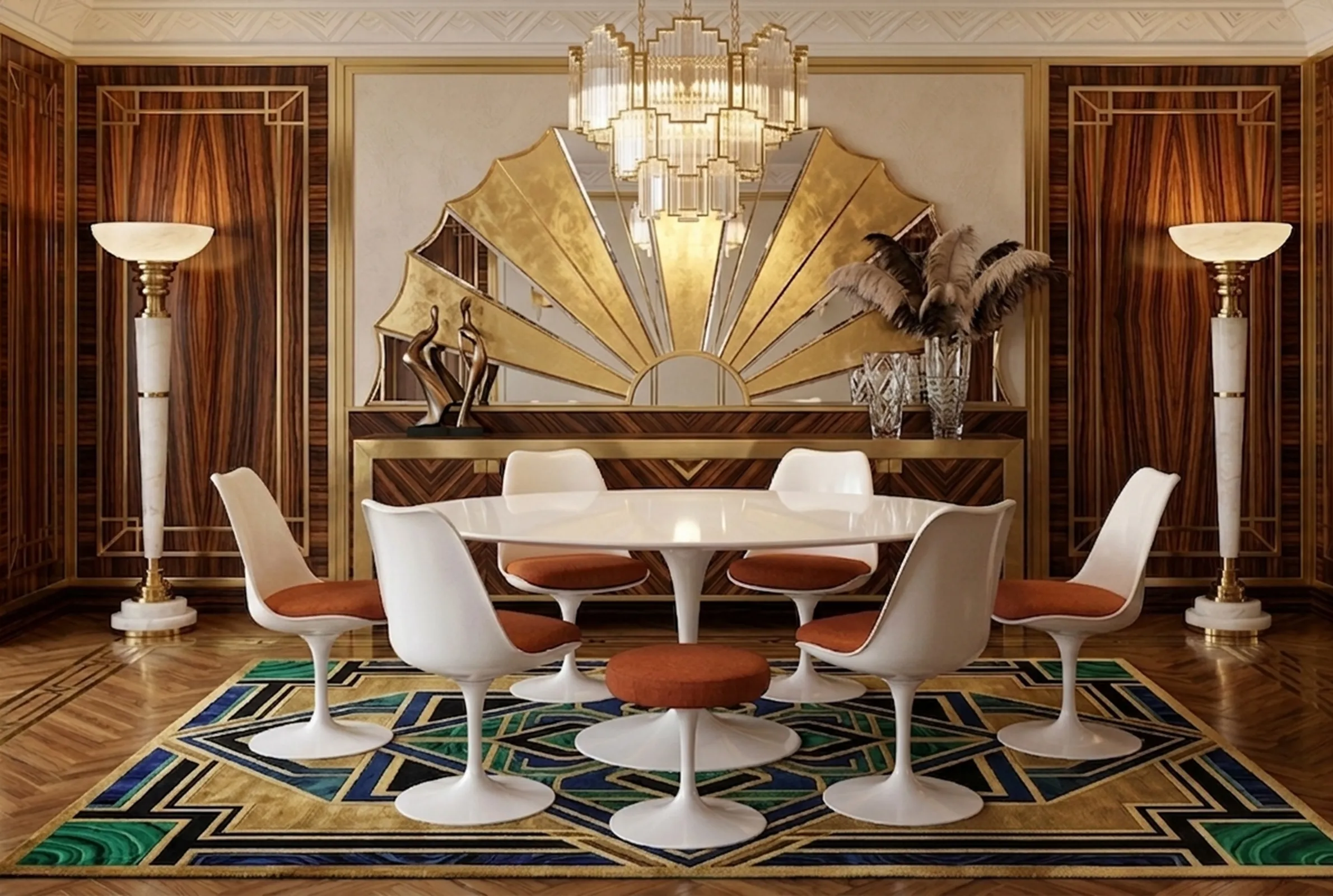 Antique dining table with chairs for seven in decorative setting