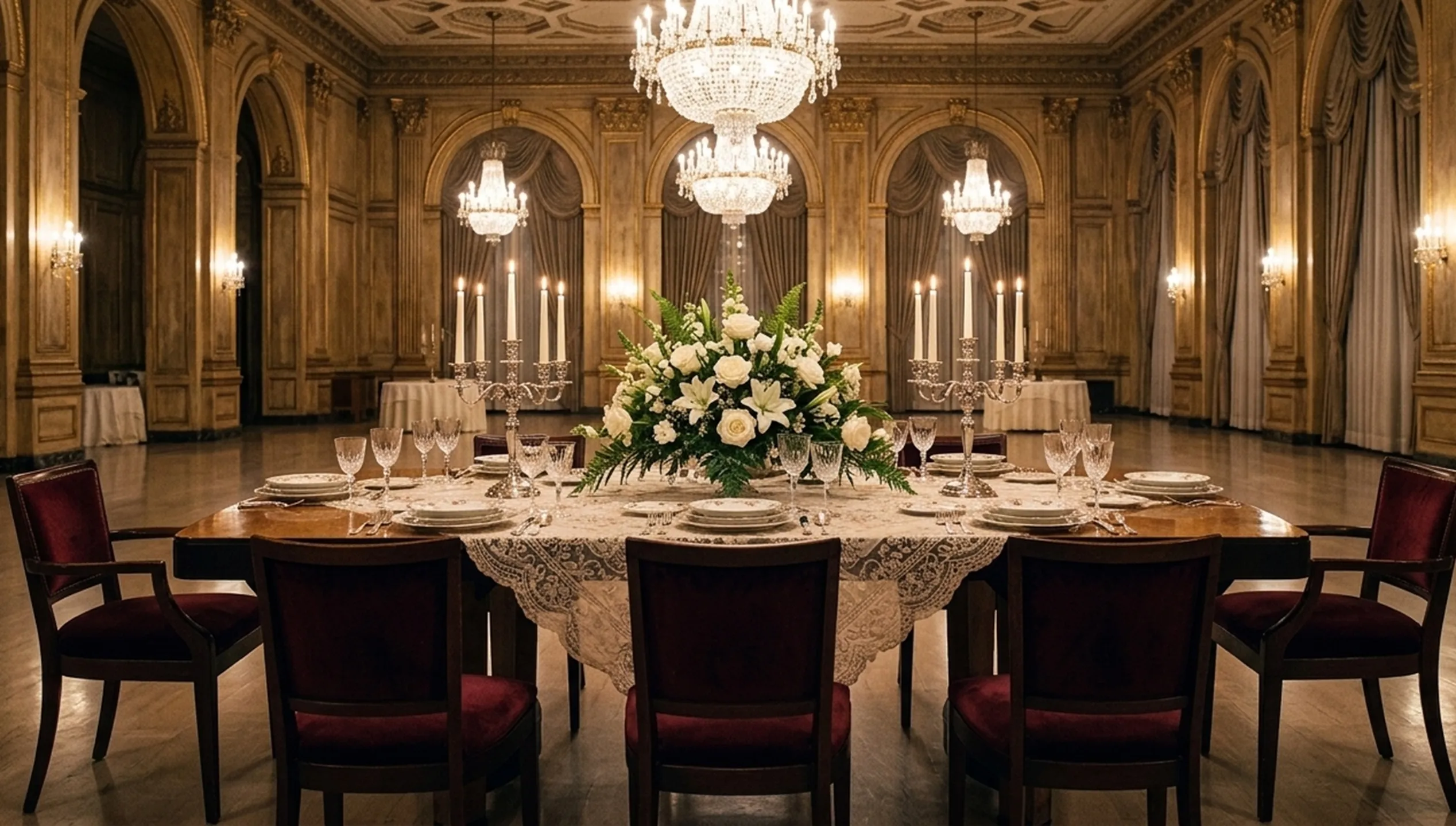 Mesa de comedor antigua con decoración floral y candelabros.