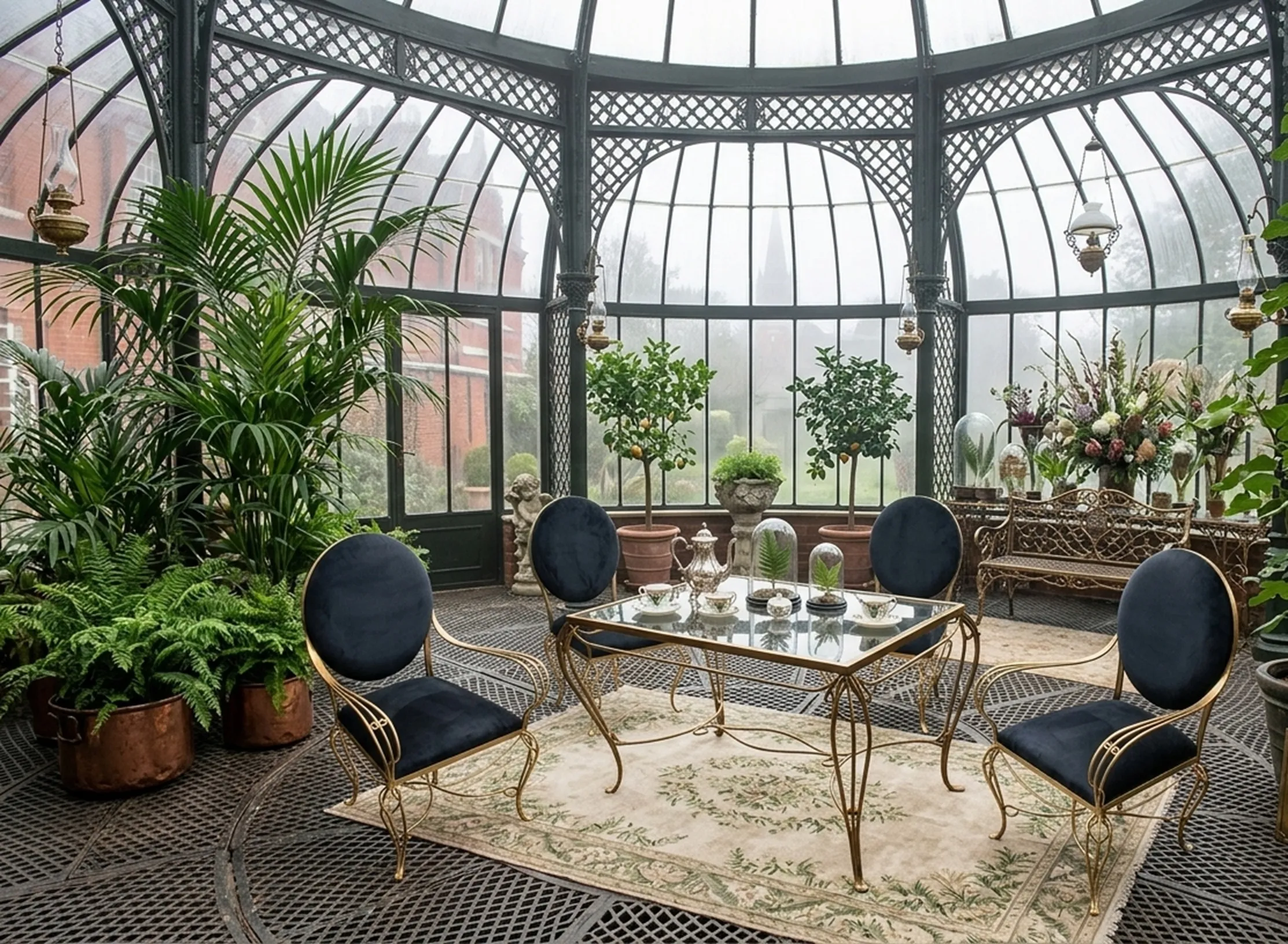 antiker esstisch mit eleganten stühlen im garten