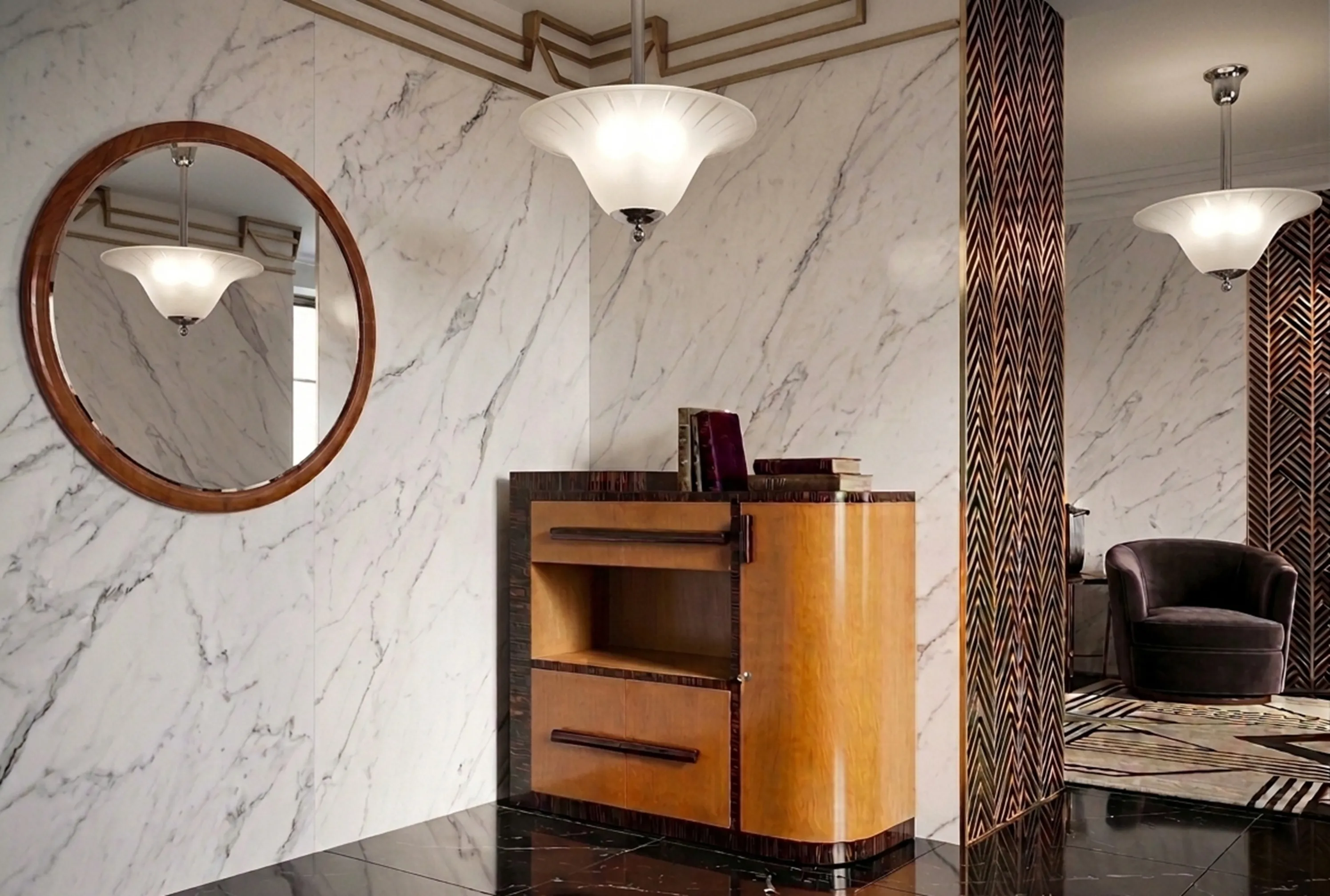 Deux lustres anciens éclairant un espace moderne, avec un miroir rond et un meuble élégant.