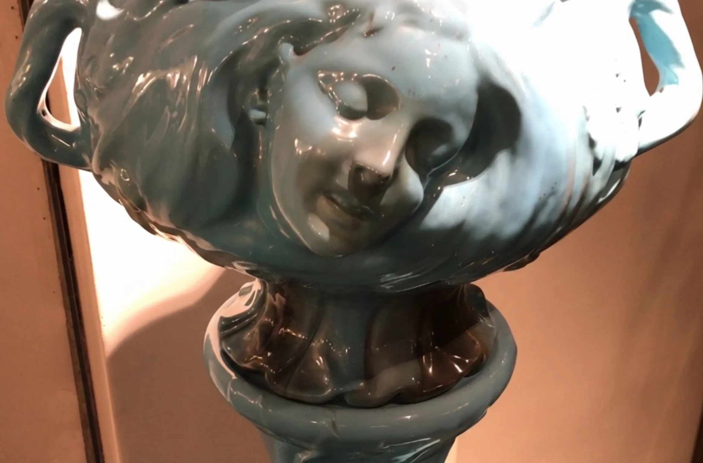 antique planter, blue color, female figure, cozy setting