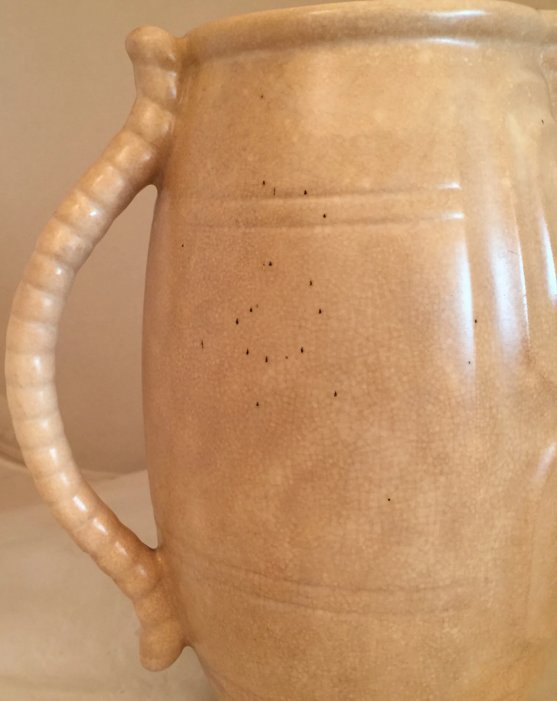 Antico vaso in ceramica con un design di mano di cane e superficie testurizzata