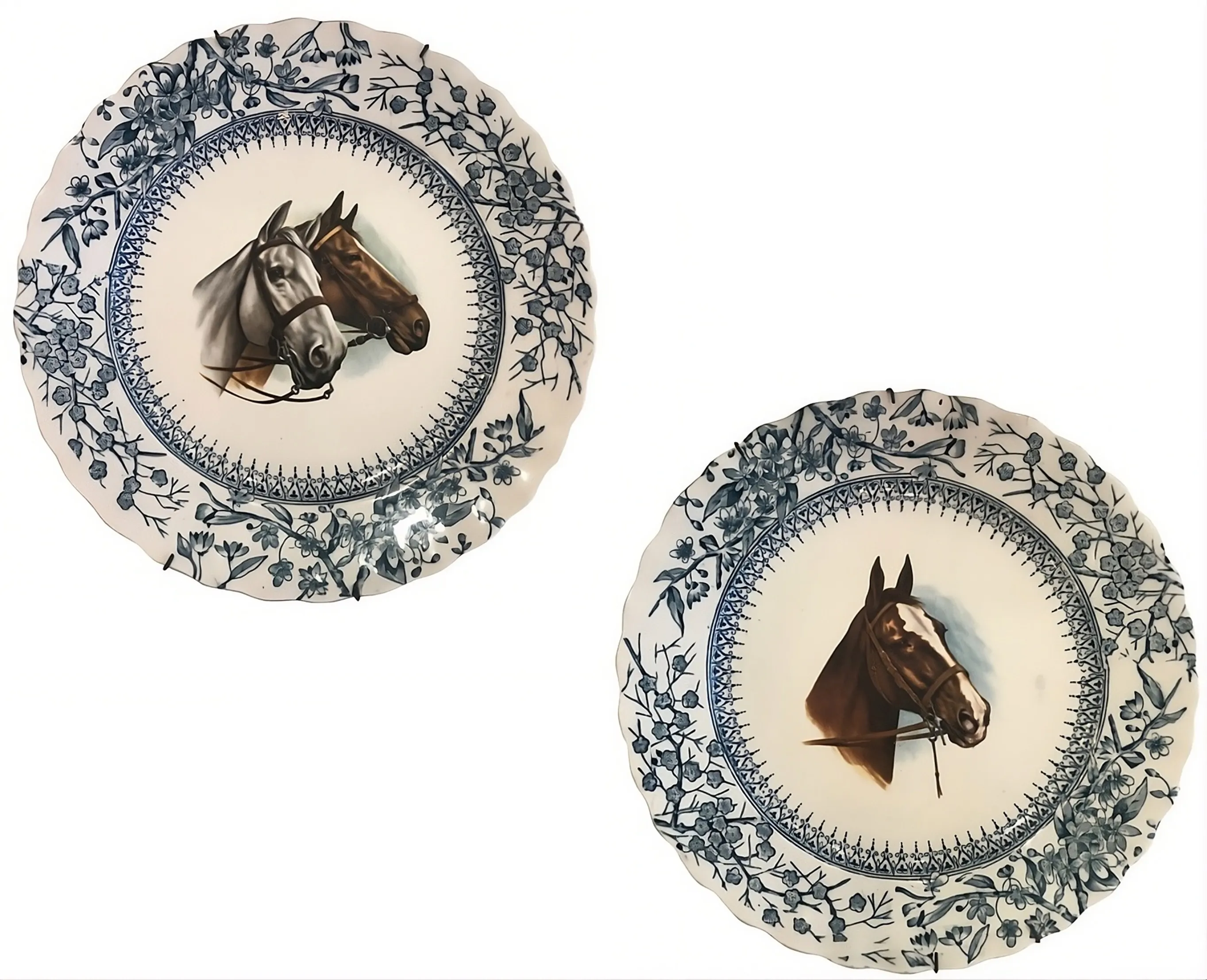 Antique plate featuring horse images and floral decorations
