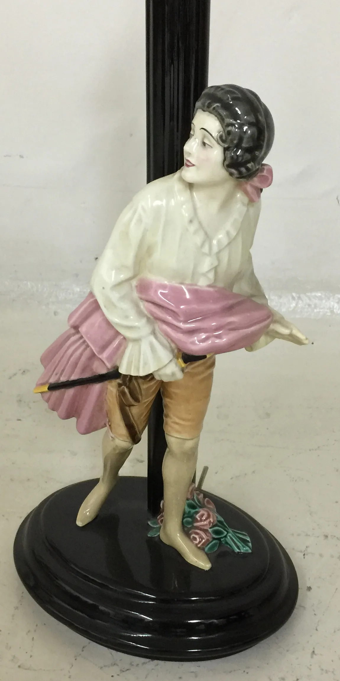 Antique table lamp by Keramos featuring an elegant decorative figure and black base