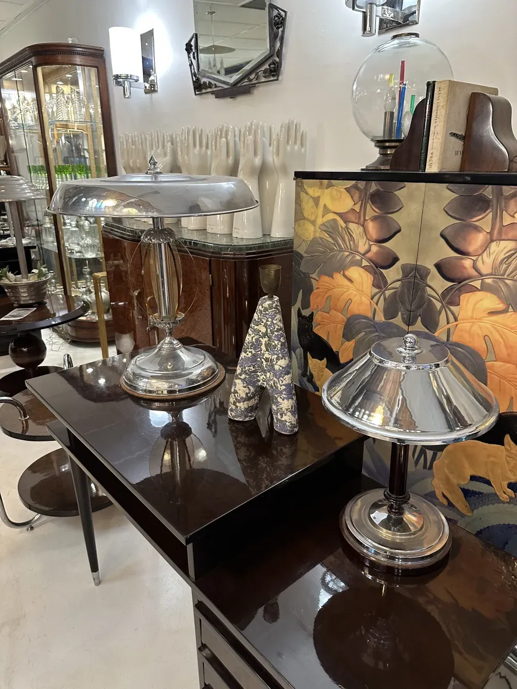 antique table lamp bright in an elegant environment with decorative items.