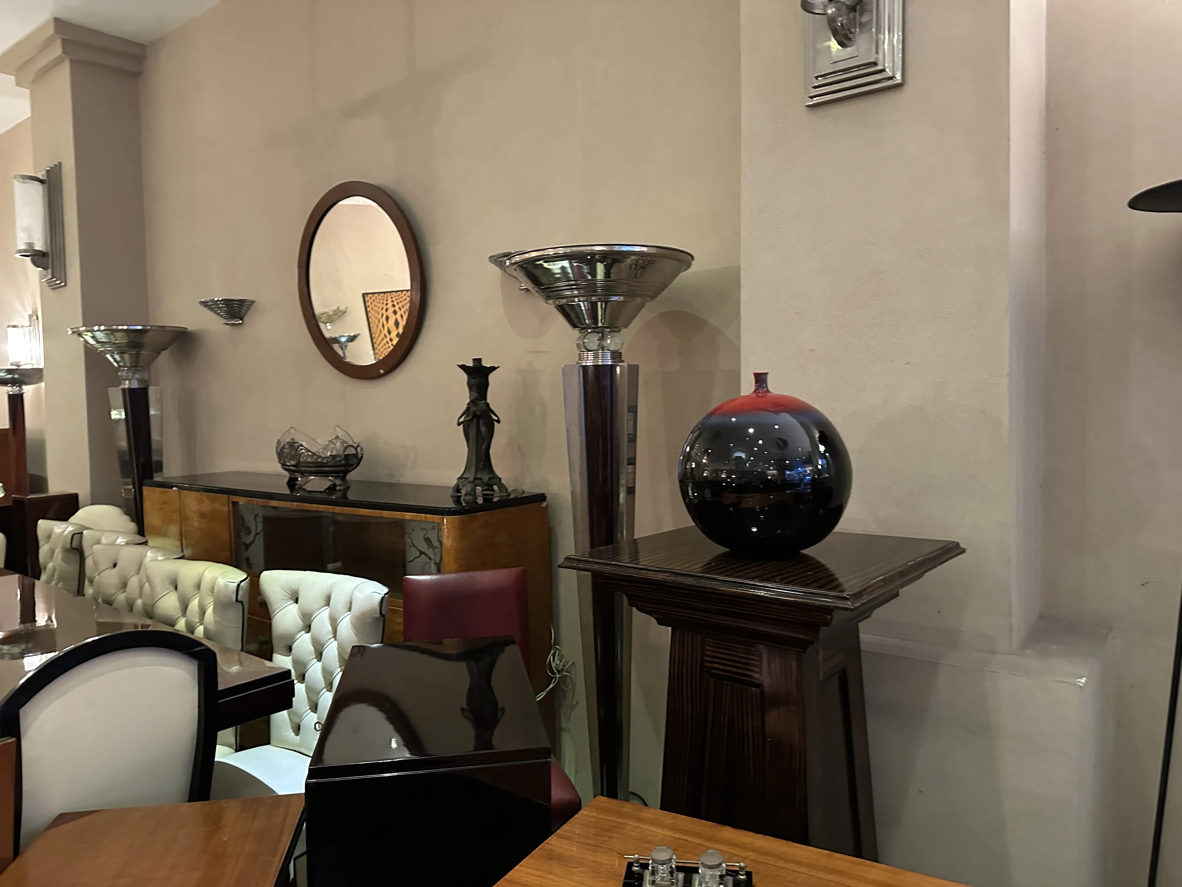 Decorative antique ceramics displayed in a modern setting.