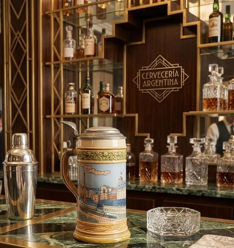 Tasse en céramique ancienne avec motif de cervecería Quilmes